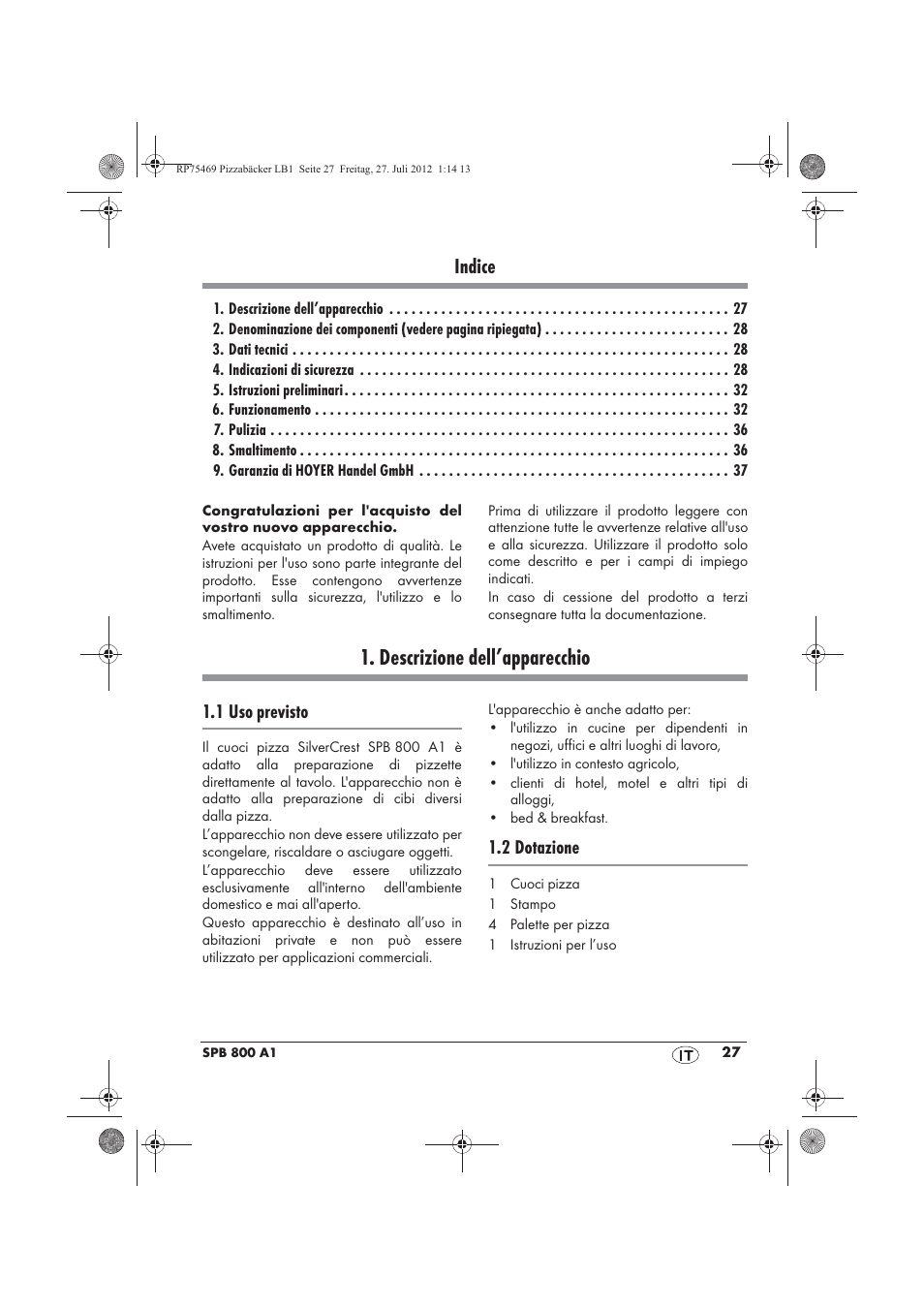 Descrizione dell’apparecchio, Indice, 1 uso previsto | 2 dotazione | Silvercrest SPB 800 A1 User Manual | Page 29 / 66