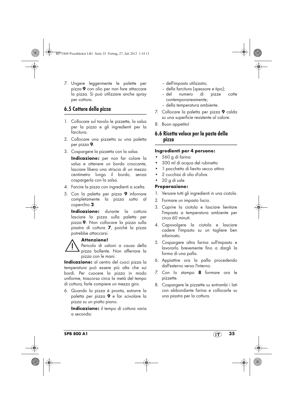 5 cottura della pizza, 6 ricetta veloce per la pasta della pizza | Silvercrest SPB 800 A1 User Manual | Page 37 / 66