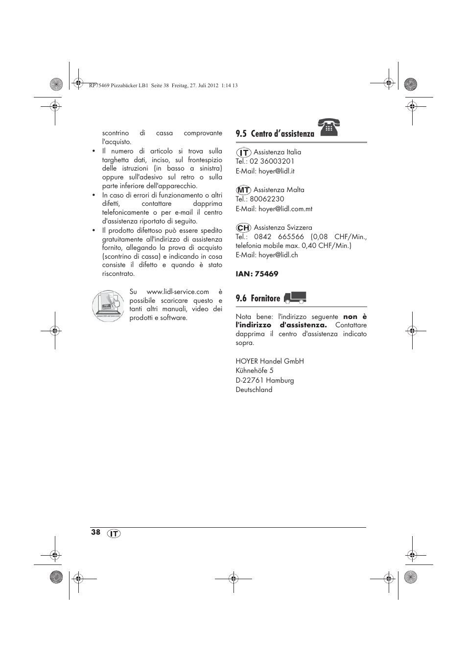 5 centro d’assistenza, 6 fornitore | Silvercrest SPB 800 A1 User Manual | Page 40 / 66