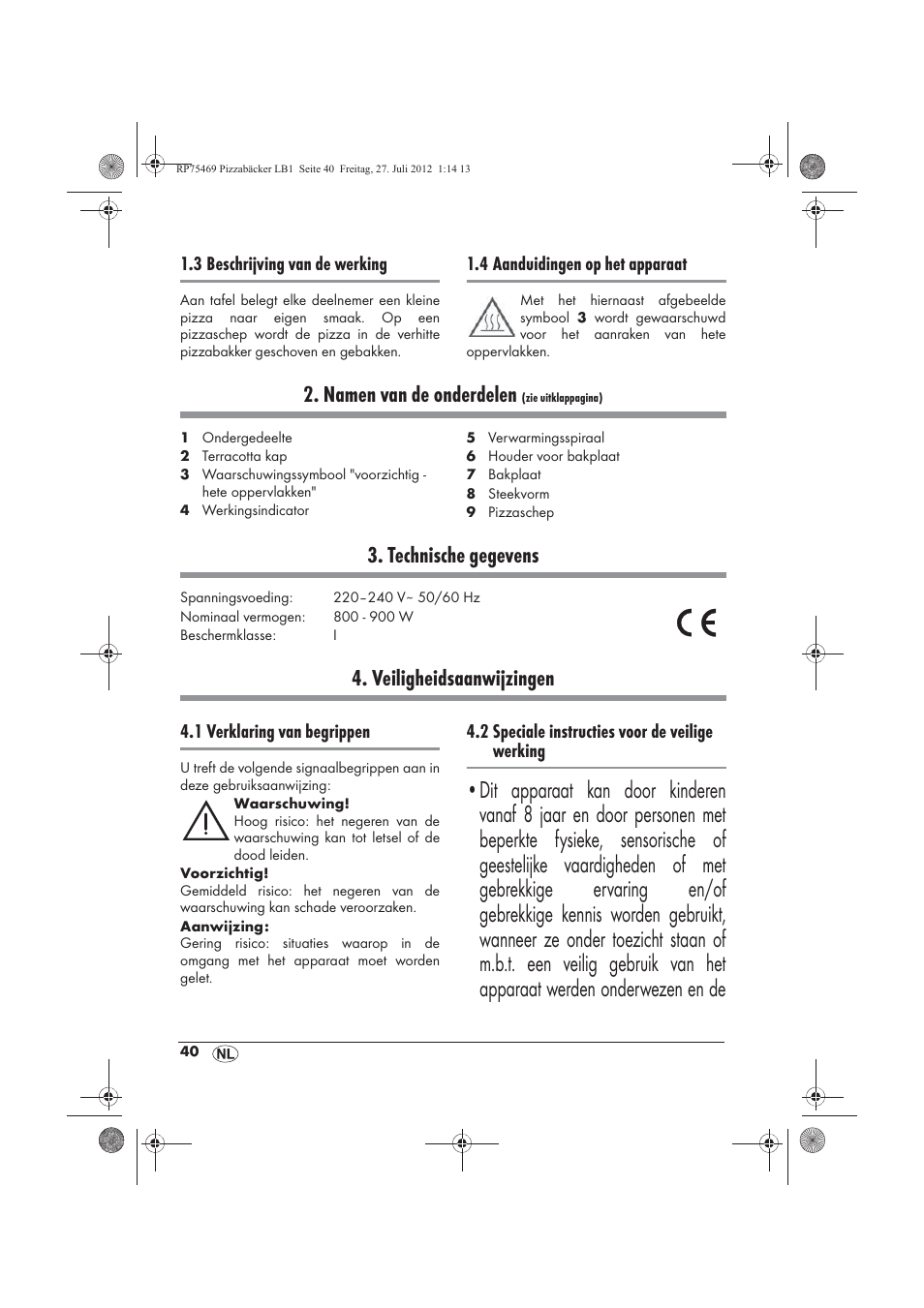 Namen van de onderdelen, Technische gegevens, Veiligheidsaanwijzingen | Silvercrest SPB 800 A1 User Manual | Page 42 / 66