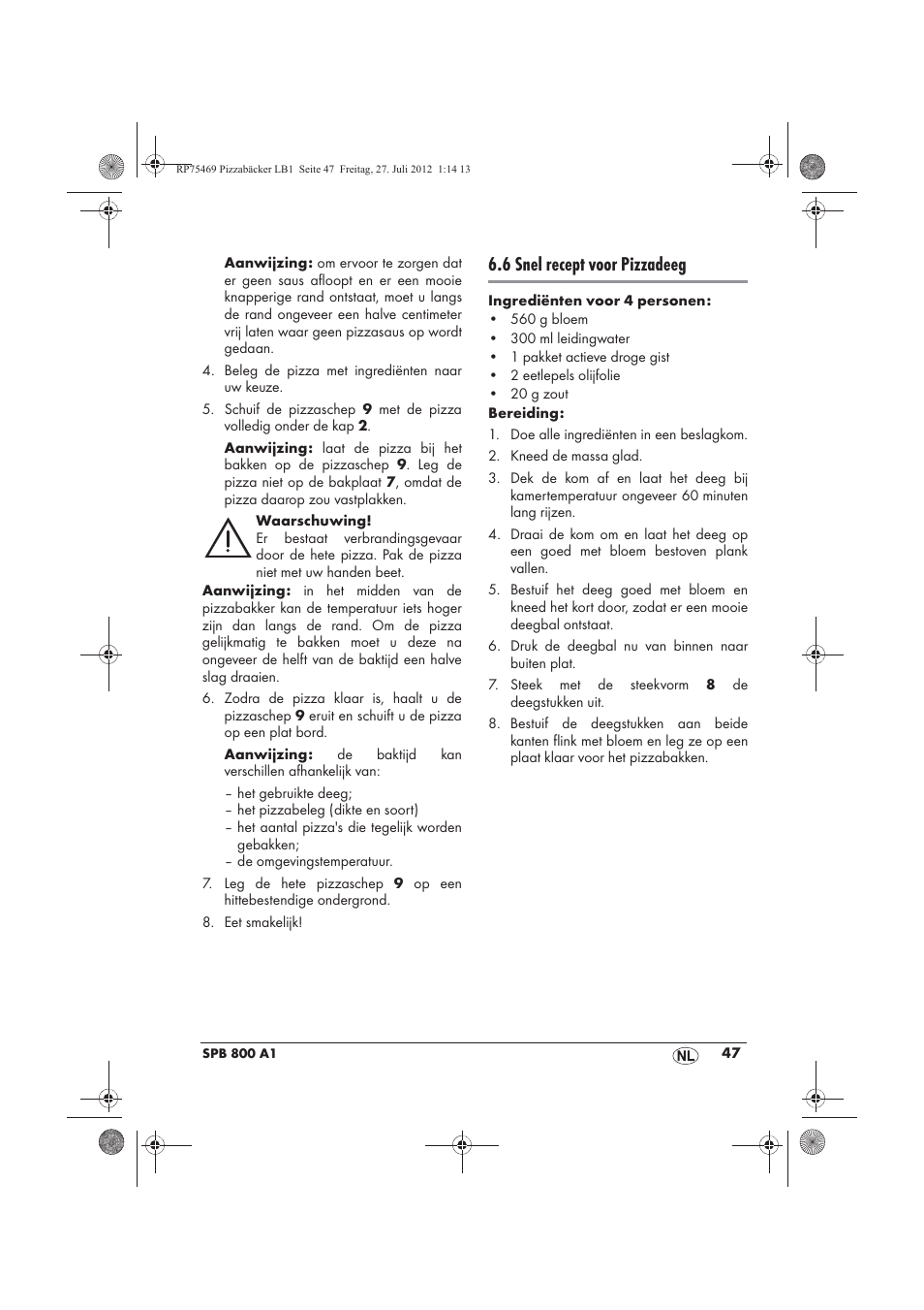 6 snel recept voor pizzadeeg | Silvercrest SPB 800 A1 User Manual | Page 49 / 66