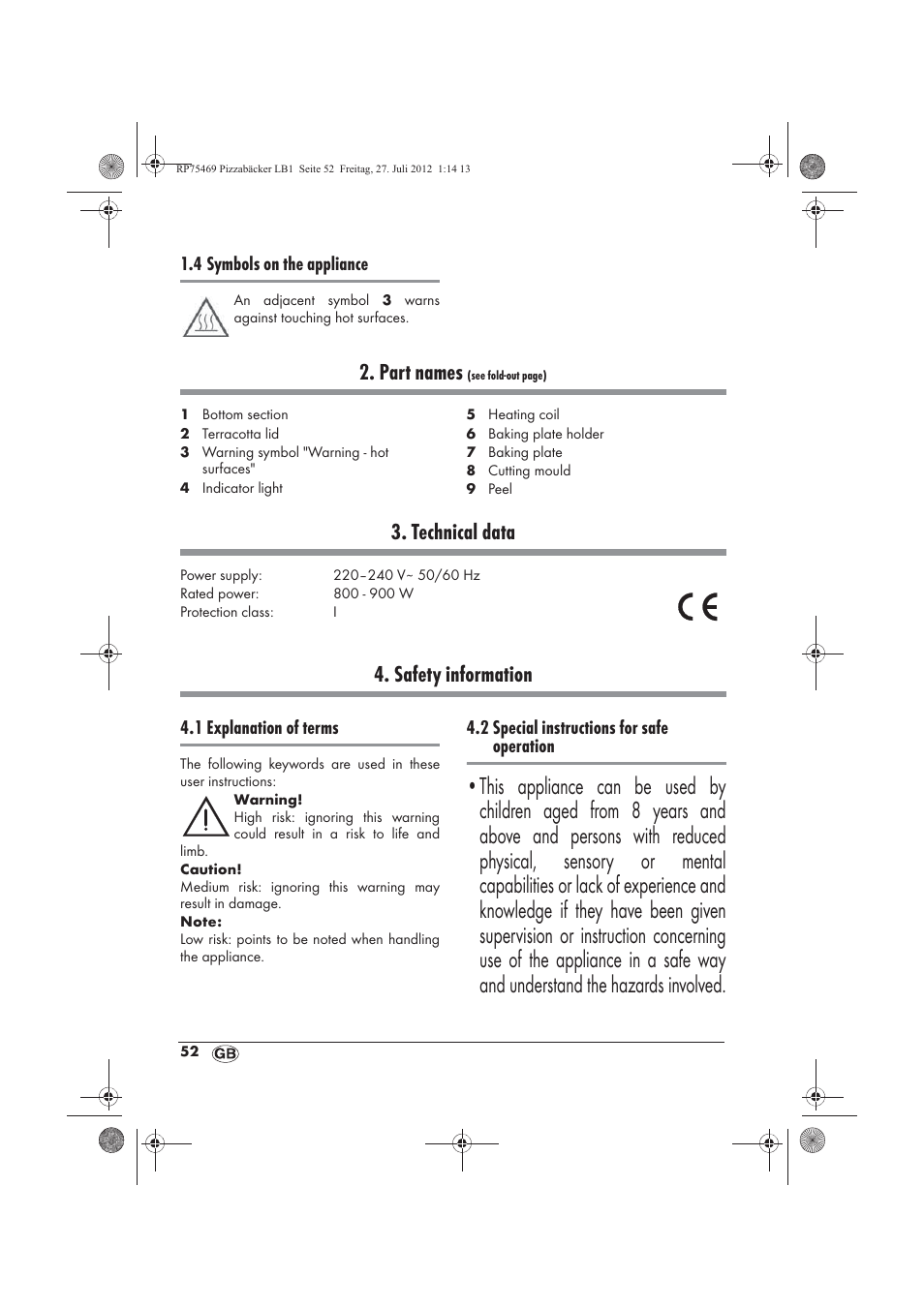 Part names, Technical data, Safety information | Silvercrest SPB 800 A1 User Manual | Page 54 / 66