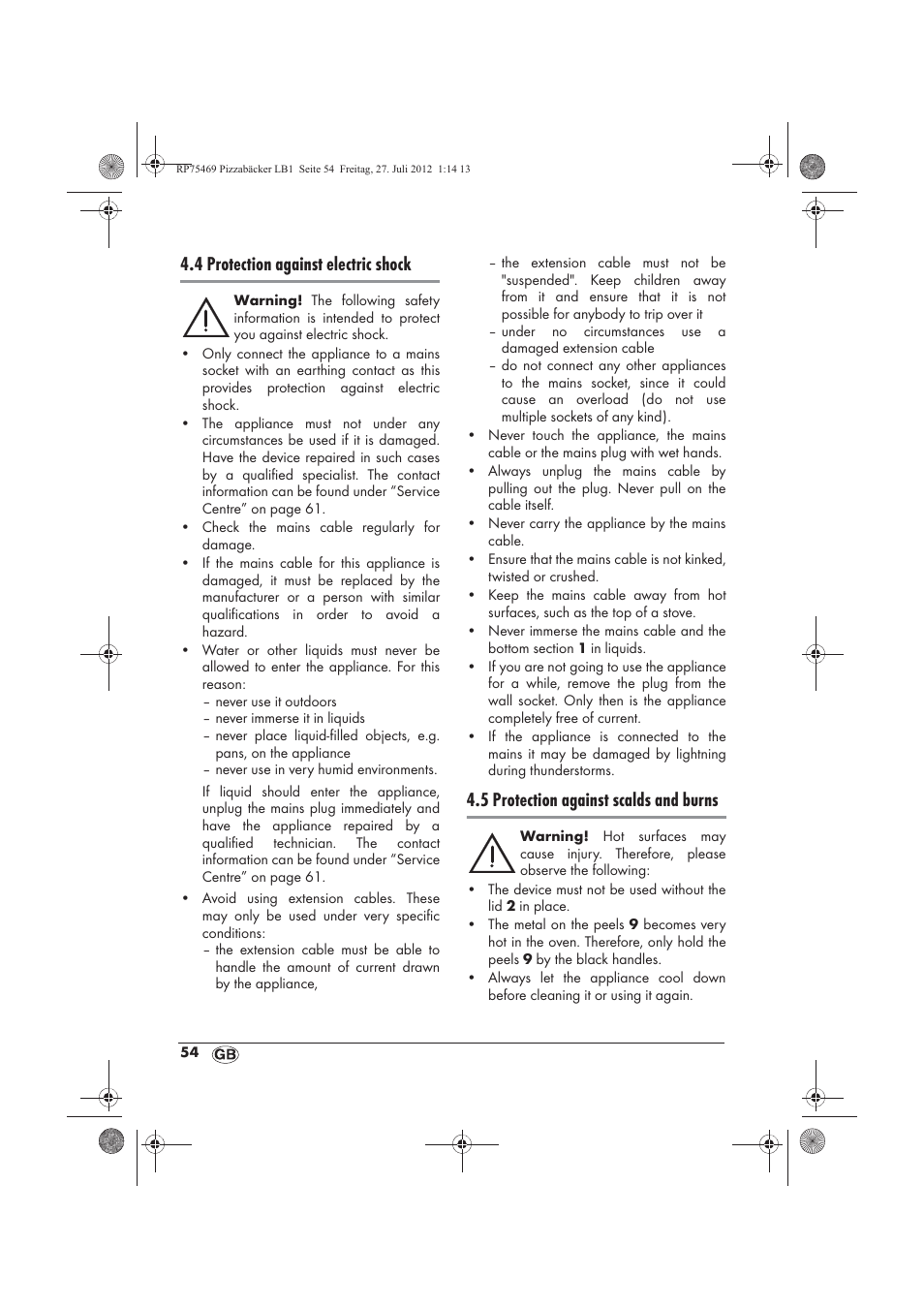 4 protection against electric shock, 5 protection against scalds and burns | Silvercrest SPB 800 A1 User Manual | Page 56 / 66