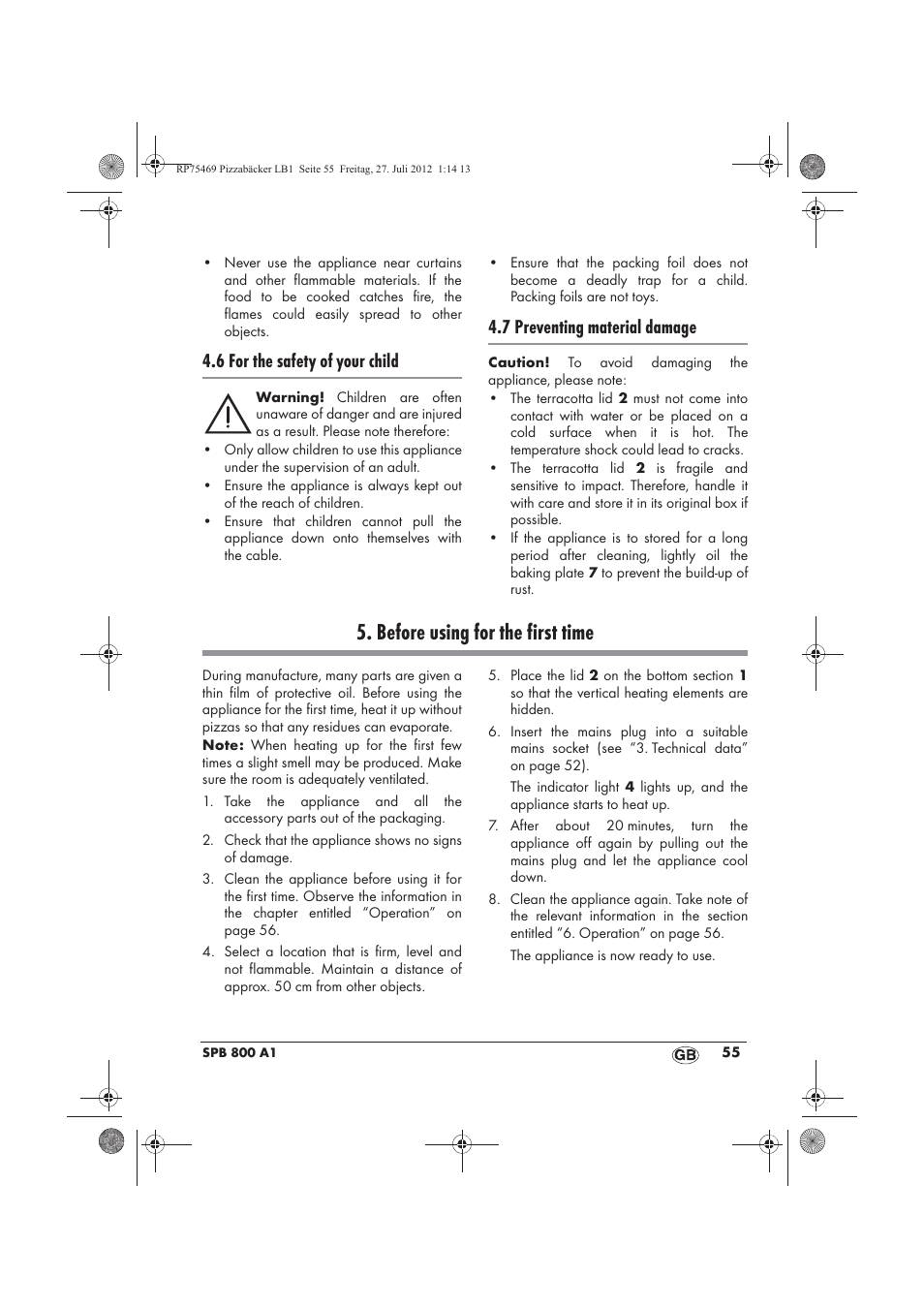 Before using for the first time, 6 for the safety of your child, 7 preventing material damage | Silvercrest SPB 800 A1 User Manual | Page 57 / 66
