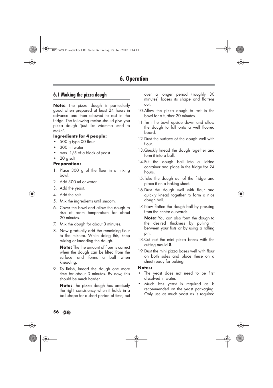 Operation, 1 making the pizza dough | Silvercrest SPB 800 A1 User Manual | Page 58 / 66