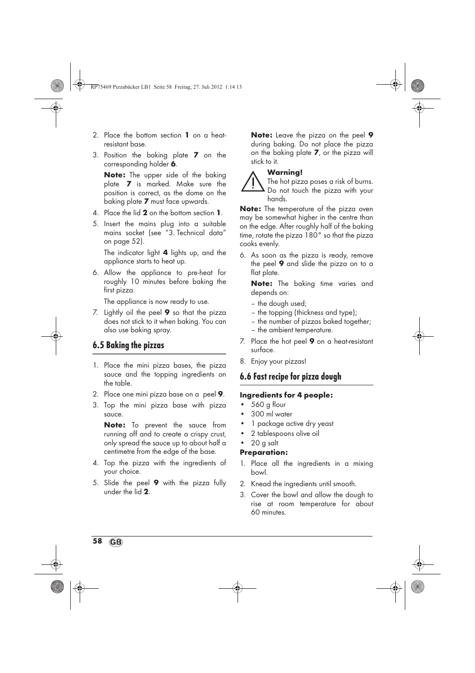 5 baking the pizzas, 6 fast recipe for pizza dough | Silvercrest SPB 800 A1 User Manual | Page 60 / 66