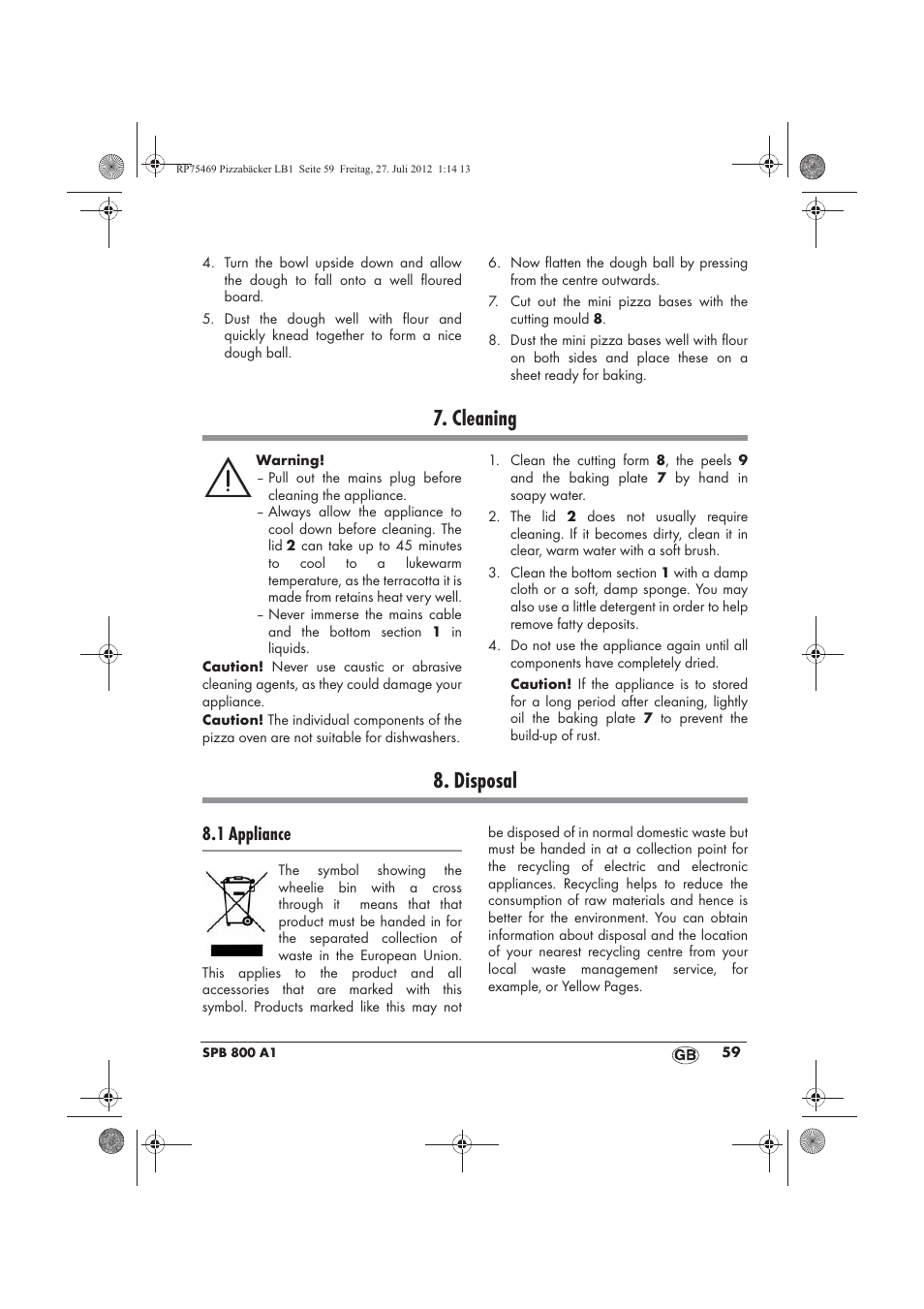Cleaning, Disposal, 1 appliance | Silvercrest SPB 800 A1 User Manual | Page 61 / 66