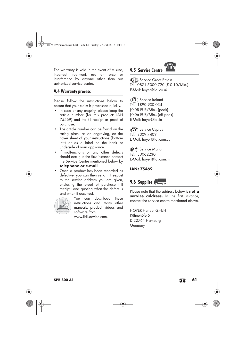 4 warranty process, 5 service centre, 6 supplier | Silvercrest SPB 800 A1 User Manual | Page 63 / 66