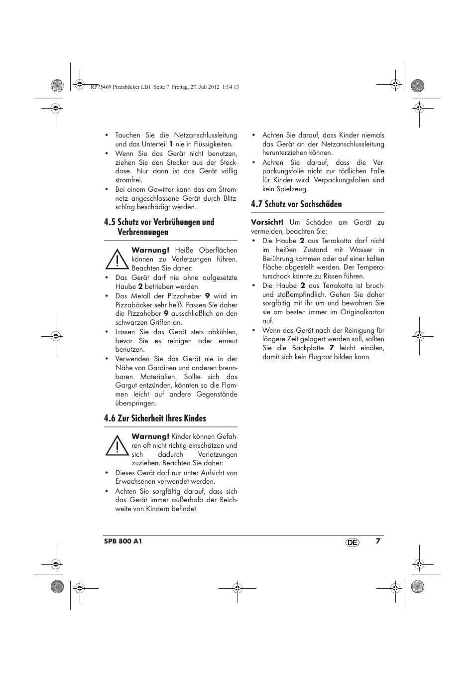 5 schutz vor verbrühungen und verbrennungen, 6 zur sicherheit ihres kindes, 7 schutz vor sachschäden | Silvercrest SPB 800 A1 User Manual | Page 9 / 66