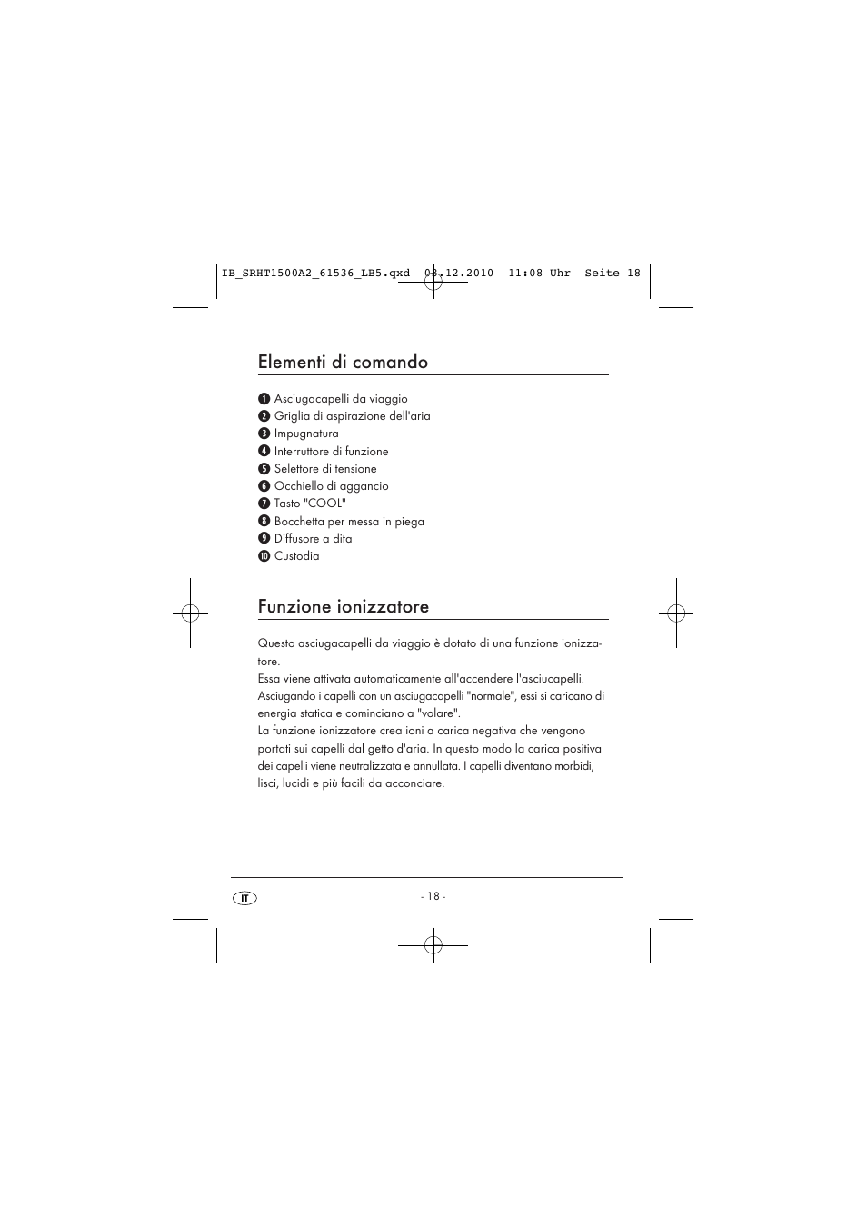 Elementi di comando, Funzione ionizzatore | Silvercrest SRHT 1500 A2 User Manual | Page 20 / 62