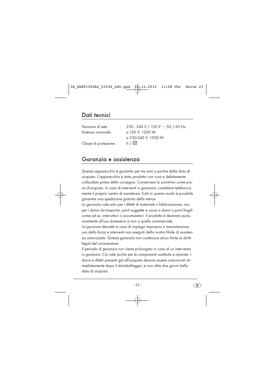 Dati tecnici, Garanzia e assistenza | Silvercrest SRHT 1500 A2 User Manual | Page 25 / 62