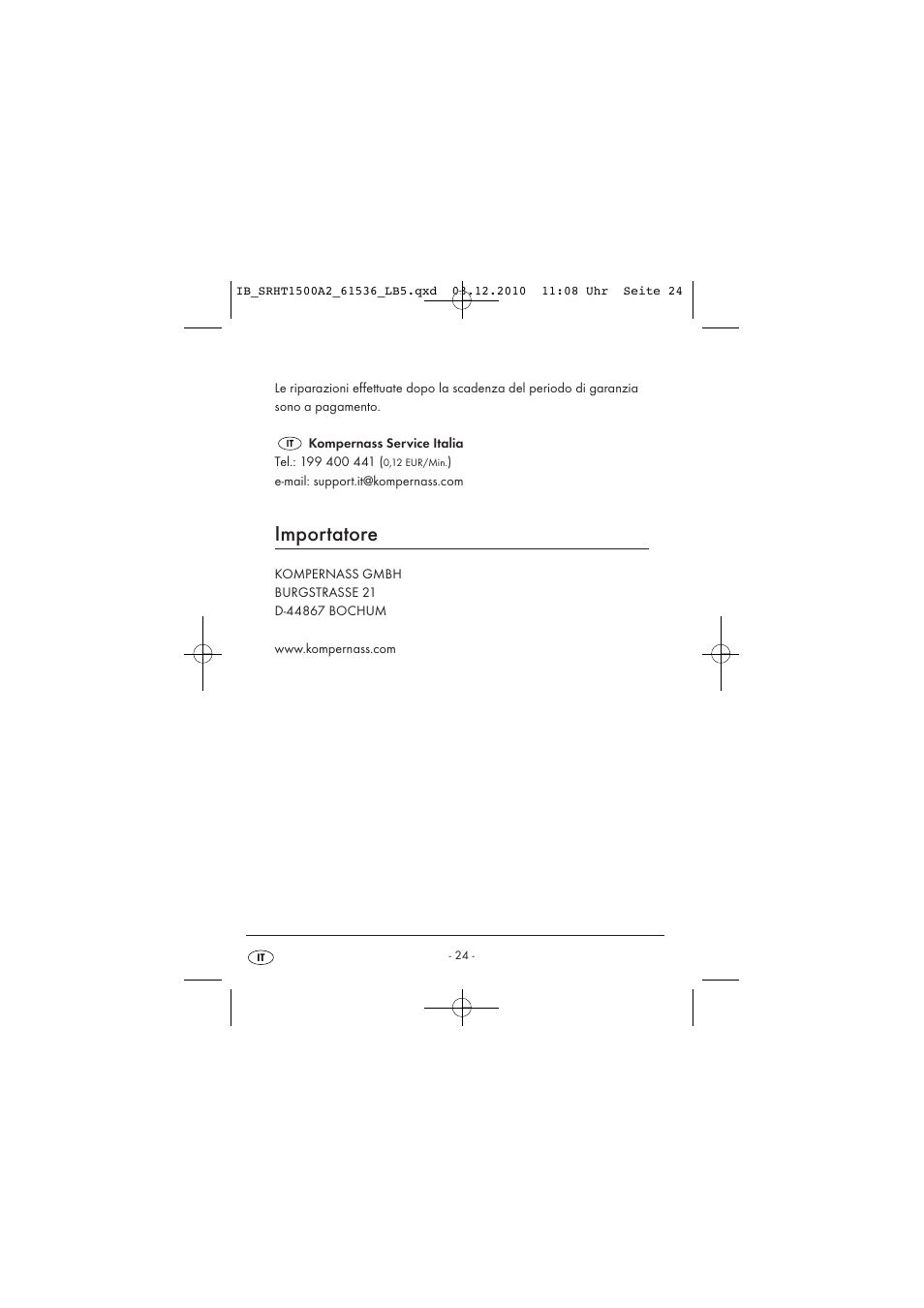 Importatore | Silvercrest SRHT 1500 A2 User Manual | Page 26 / 62