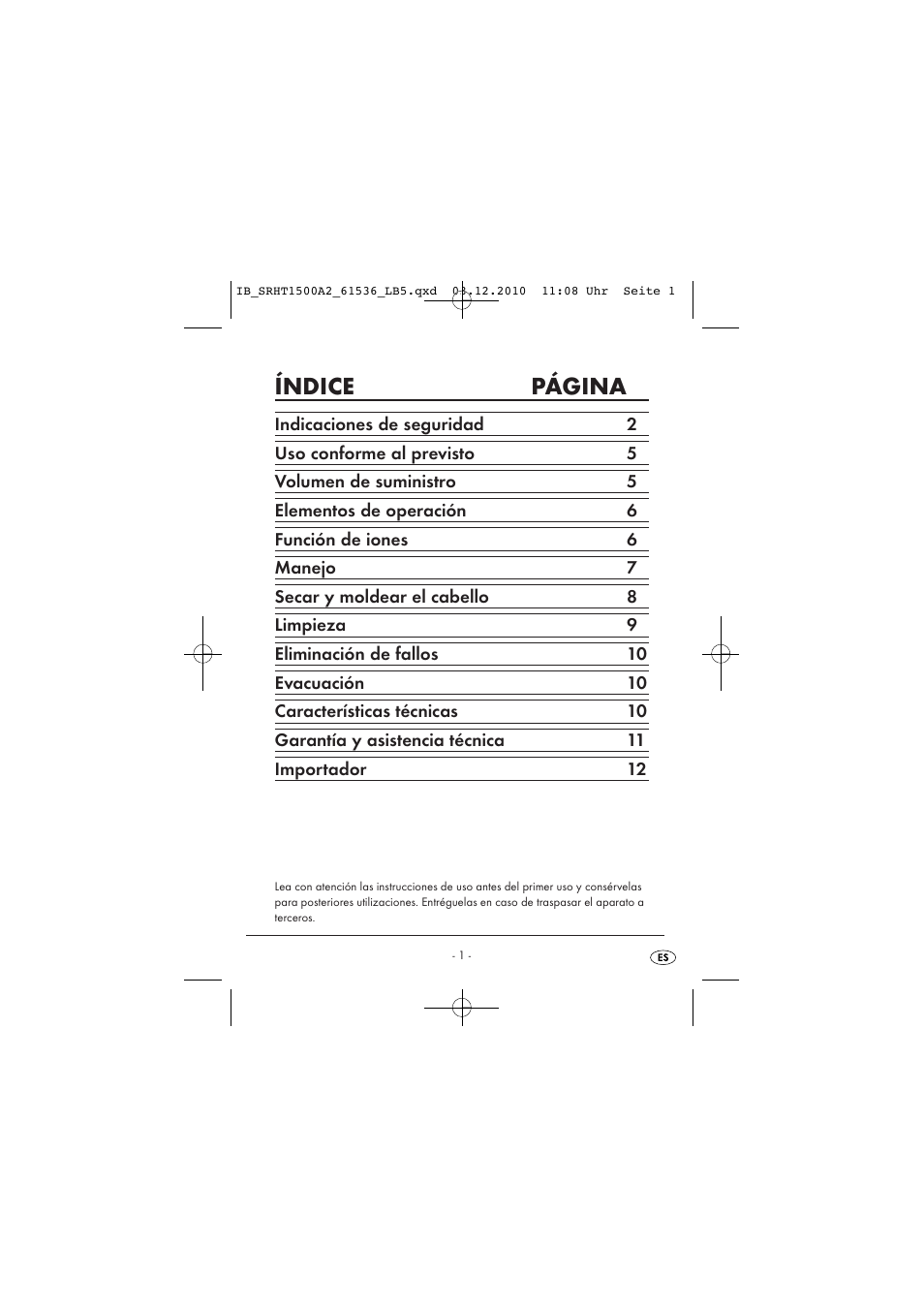 Índice página | Silvercrest SRHT 1500 A2 User Manual | Page 3 / 62