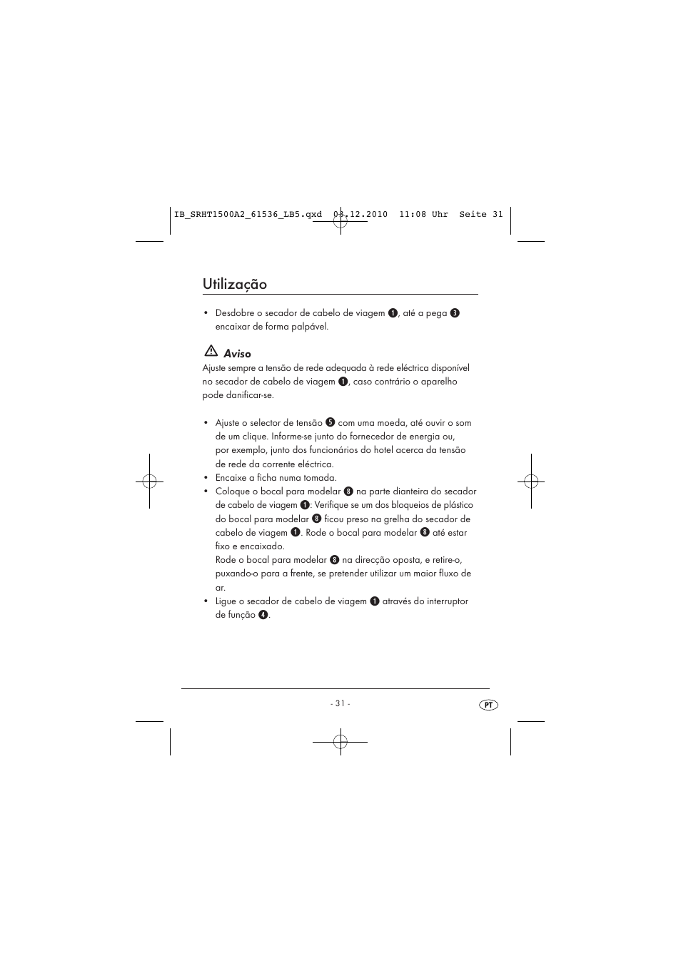 Utilização, Aviso | Silvercrest SRHT 1500 A2 User Manual | Page 33 / 62