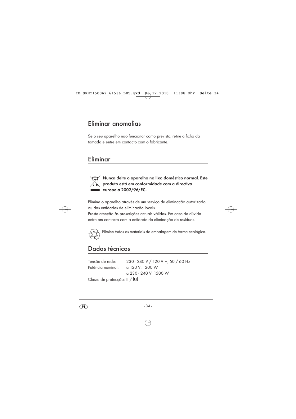 Eliminar anomalias, Eliminar, Dados técnicos | Silvercrest SRHT 1500 A2 User Manual | Page 36 / 62