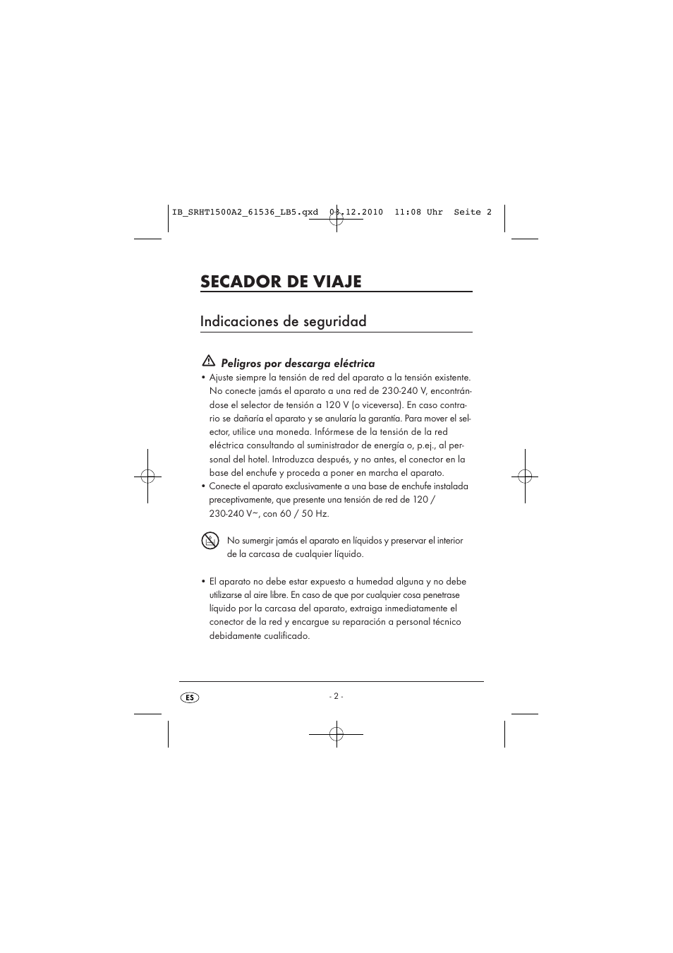 Secador de viaje, Indicaciones de seguridad | Silvercrest SRHT 1500 A2 User Manual | Page 4 / 62