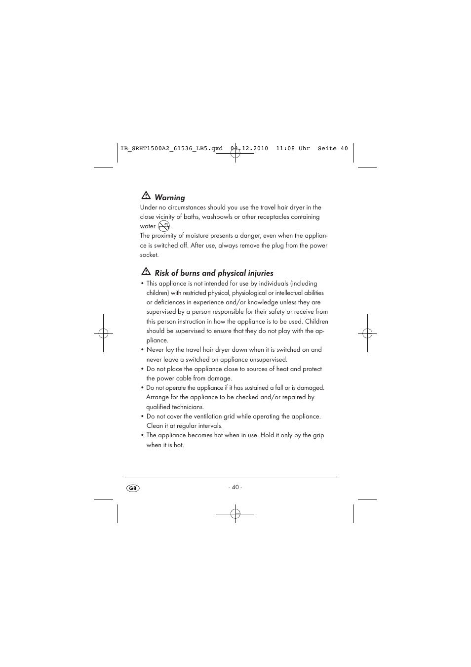 Warning, Risk of burns and physical injuries | Silvercrest SRHT 1500 A2 User Manual | Page 42 / 62