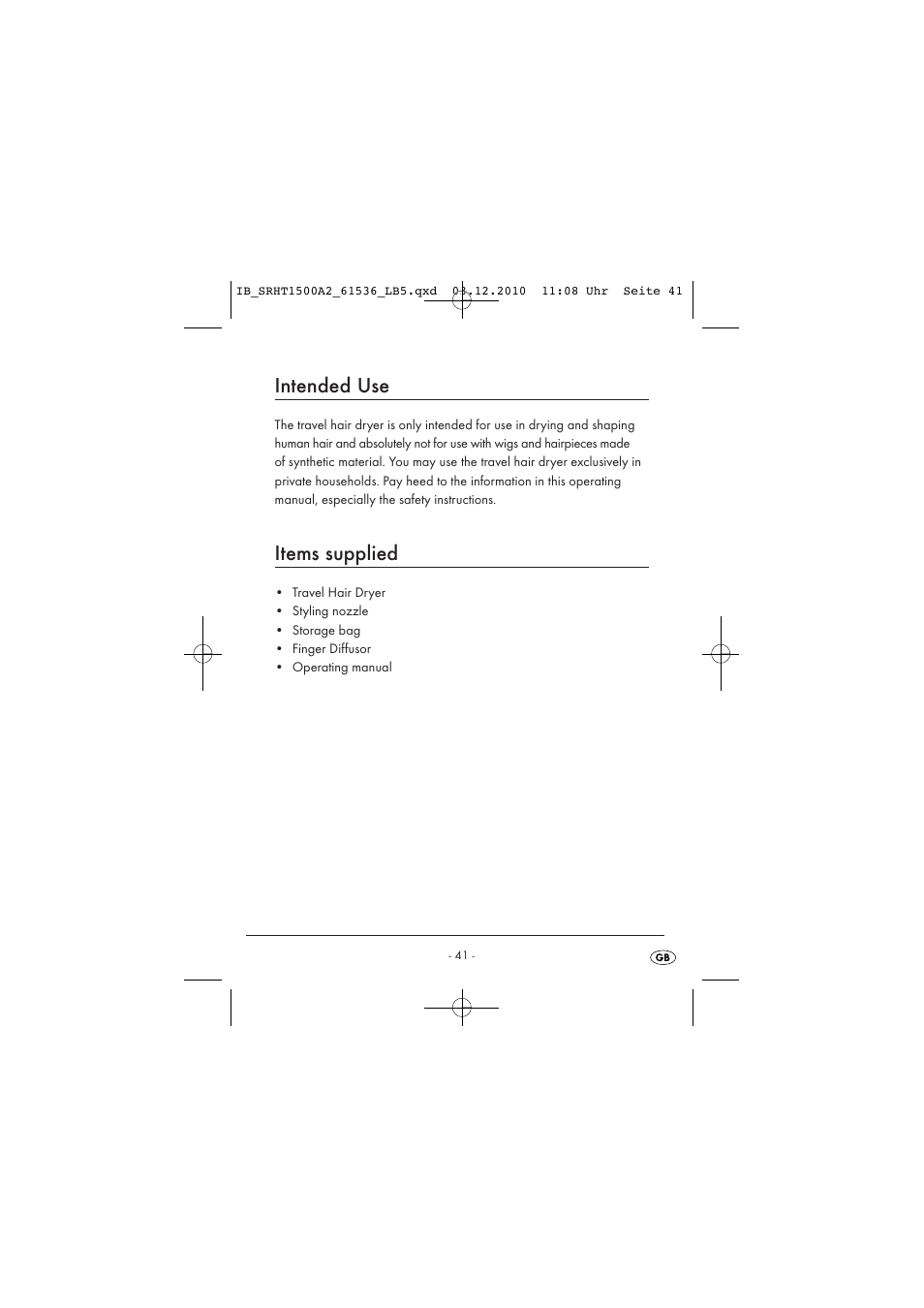 Intended use, Items supplied | Silvercrest SRHT 1500 A2 User Manual | Page 43 / 62