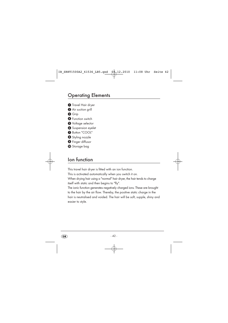Operating elements, Ion function | Silvercrest SRHT 1500 A2 User Manual | Page 44 / 62