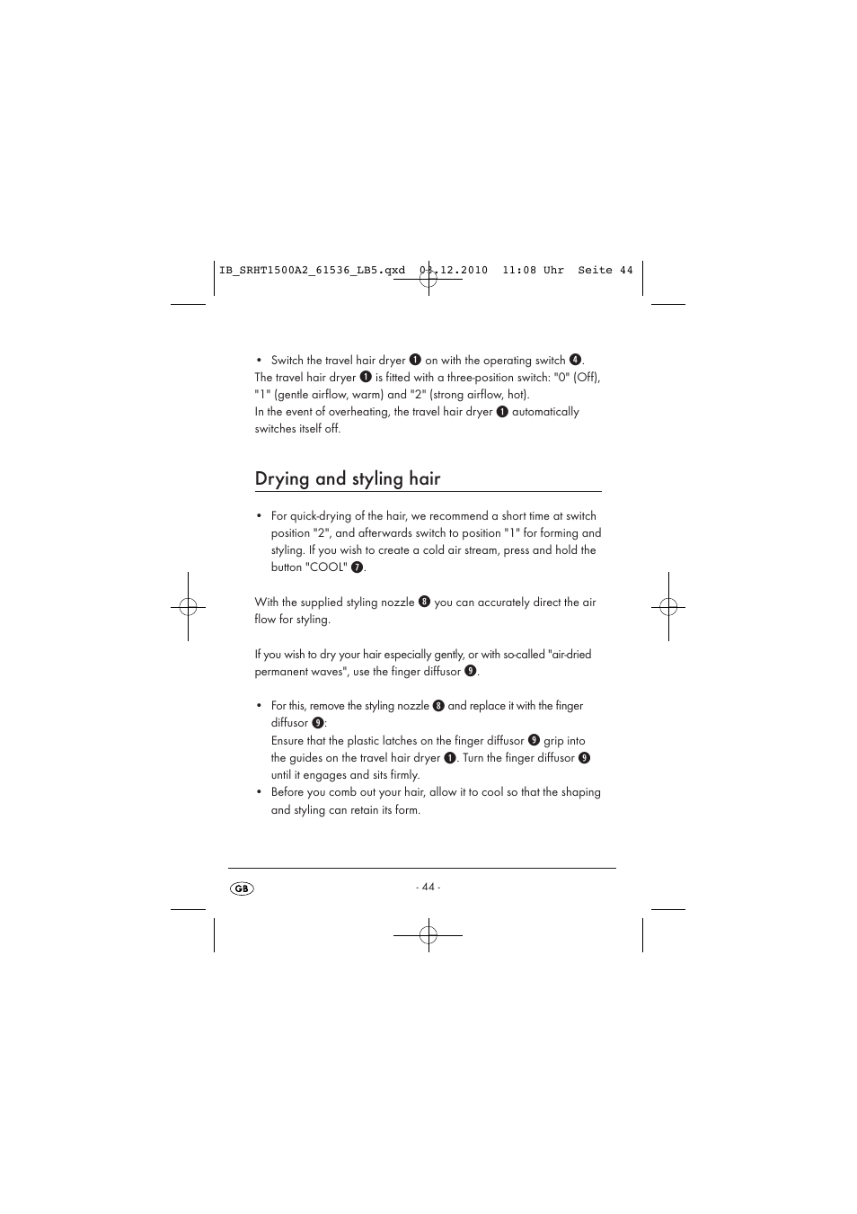 Drying and styling hair | Silvercrest SRHT 1500 A2 User Manual | Page 46 / 62