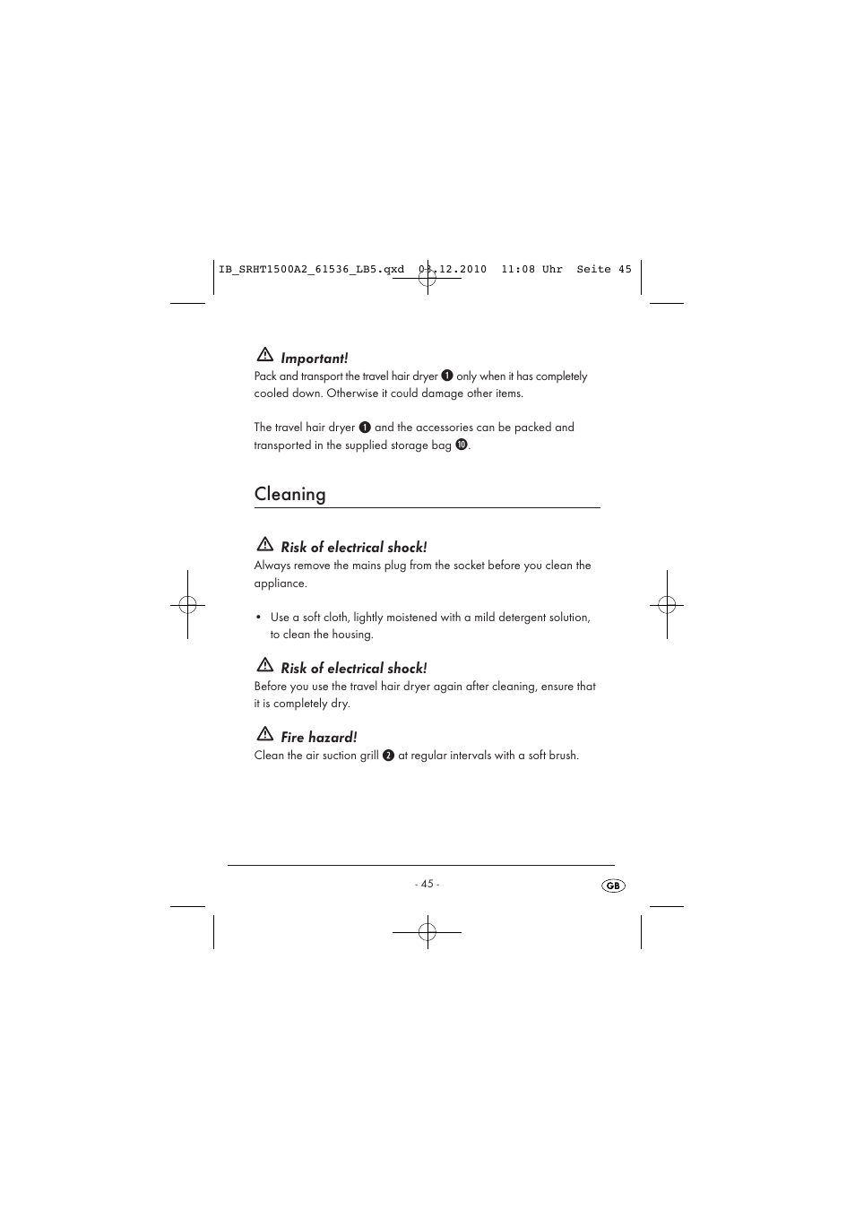 Cleaning, Important, Risk of electrical shock | Fire hazard | Silvercrest SRHT 1500 A2 User Manual | Page 47 / 62