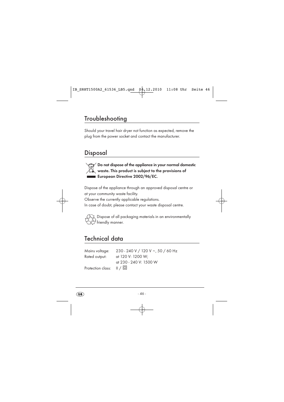 Troubleshooting, Disposal, Technical data | Silvercrest SRHT 1500 A2 User Manual | Page 48 / 62