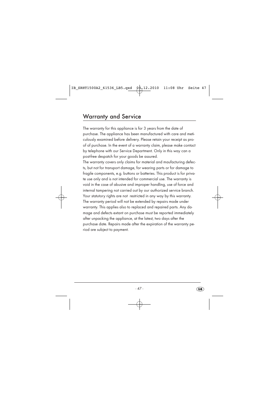 Warranty and service | Silvercrest SRHT 1500 A2 User Manual | Page 49 / 62
