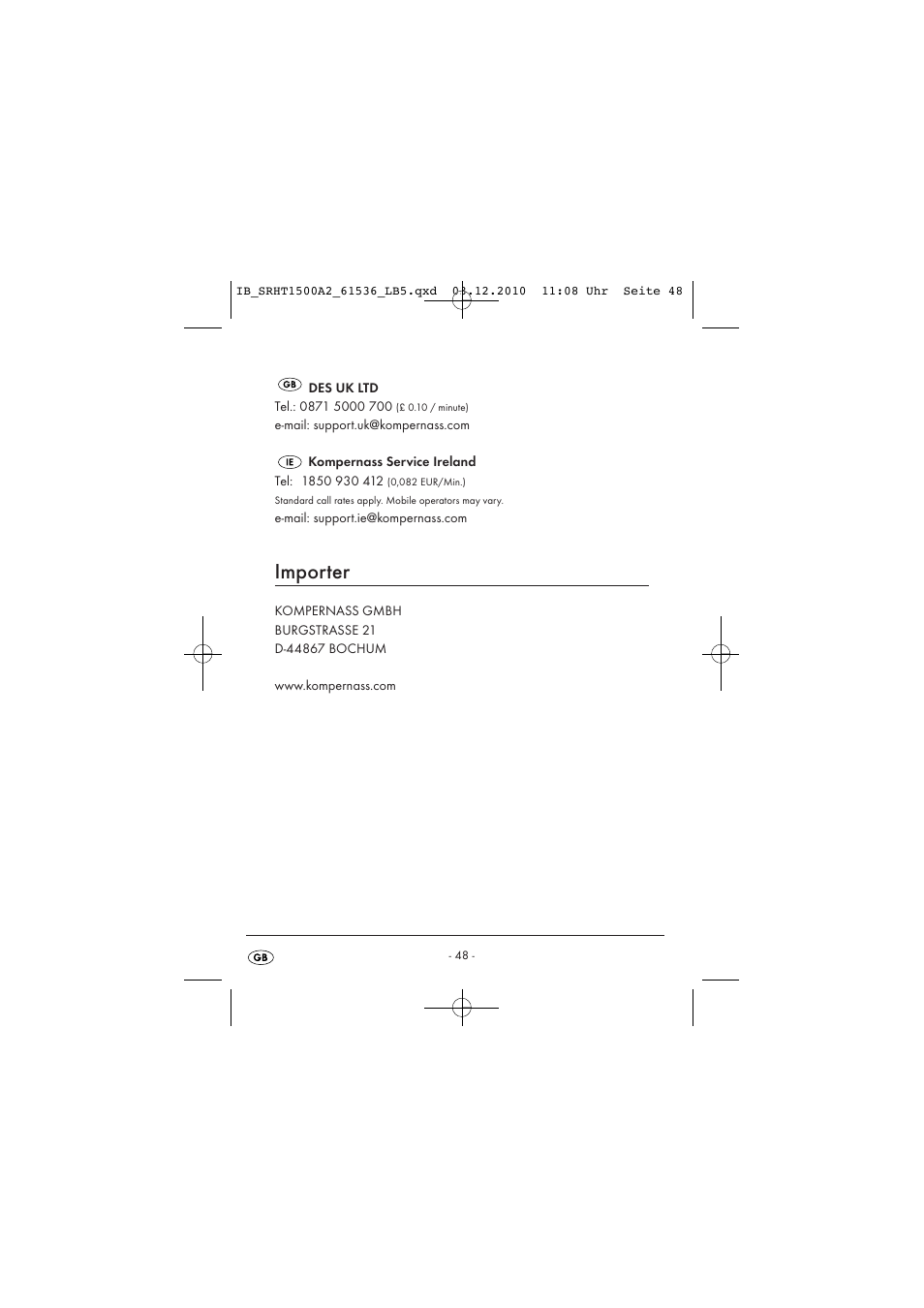Importer | Silvercrest SRHT 1500 A2 User Manual | Page 50 / 62