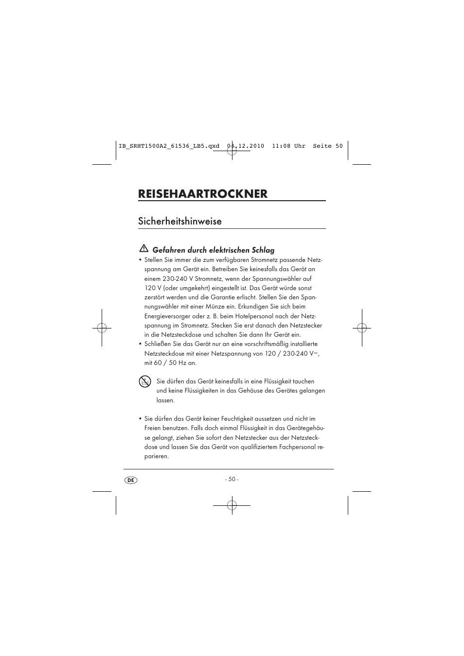 Reisehaartrockner, Sicherheitshinweise | Silvercrest SRHT 1500 A2 User Manual | Page 52 / 62