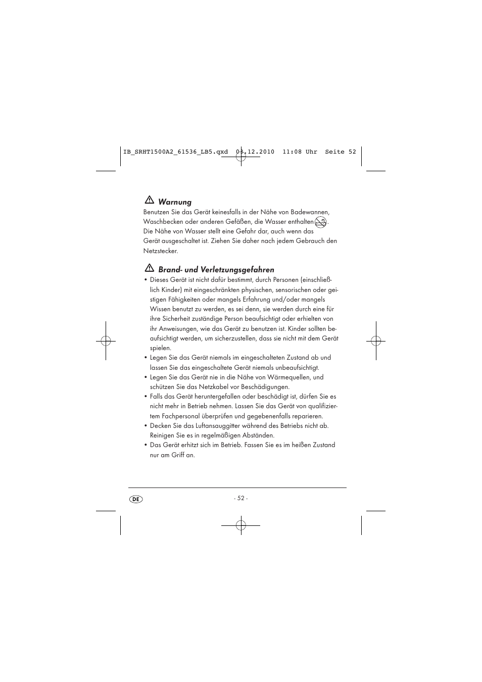Warnung, Brand- und verletzungsgefahren | Silvercrest SRHT 1500 A2 User Manual | Page 54 / 62