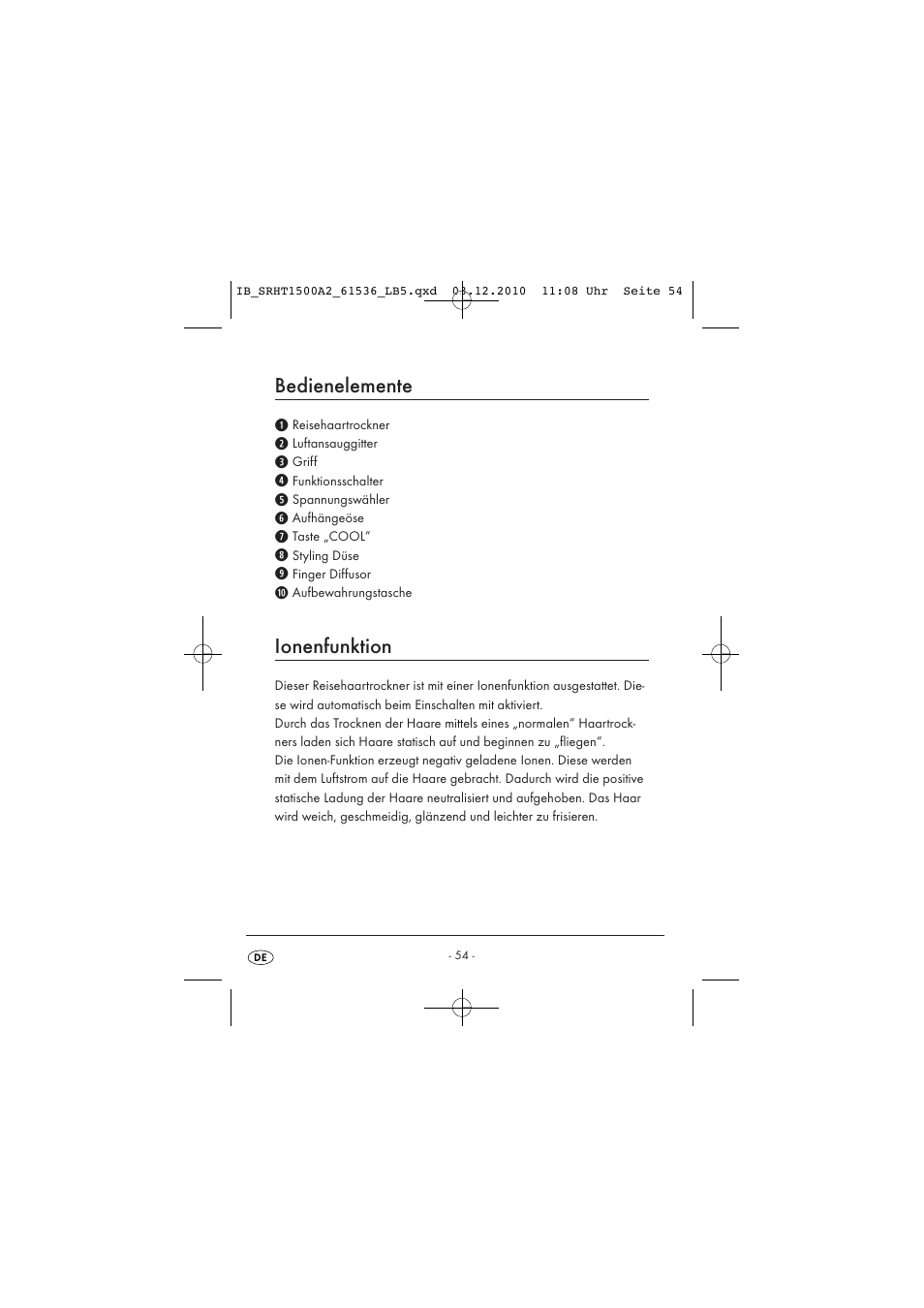 Bedienelemente, Ionenfunktion | Silvercrest SRHT 1500 A2 User Manual | Page 56 / 62