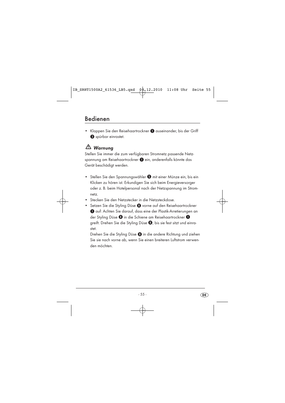 Bedienen, Warnung | Silvercrest SRHT 1500 A2 User Manual | Page 57 / 62