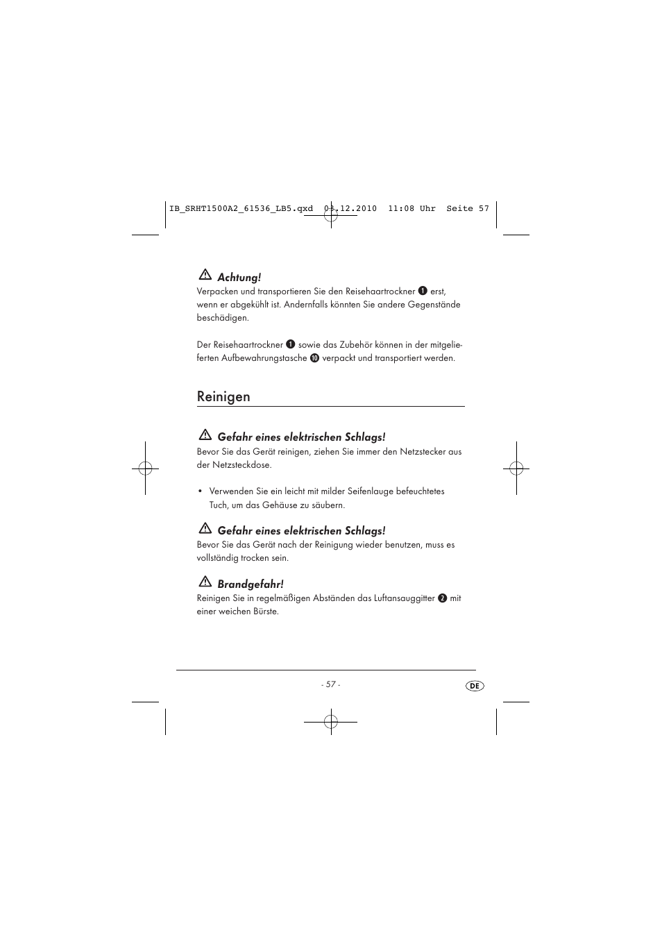 Reinigen, Achtung, Gefahr eines elektrischen schlags | Brandgefahr | Silvercrest SRHT 1500 A2 User Manual | Page 59 / 62