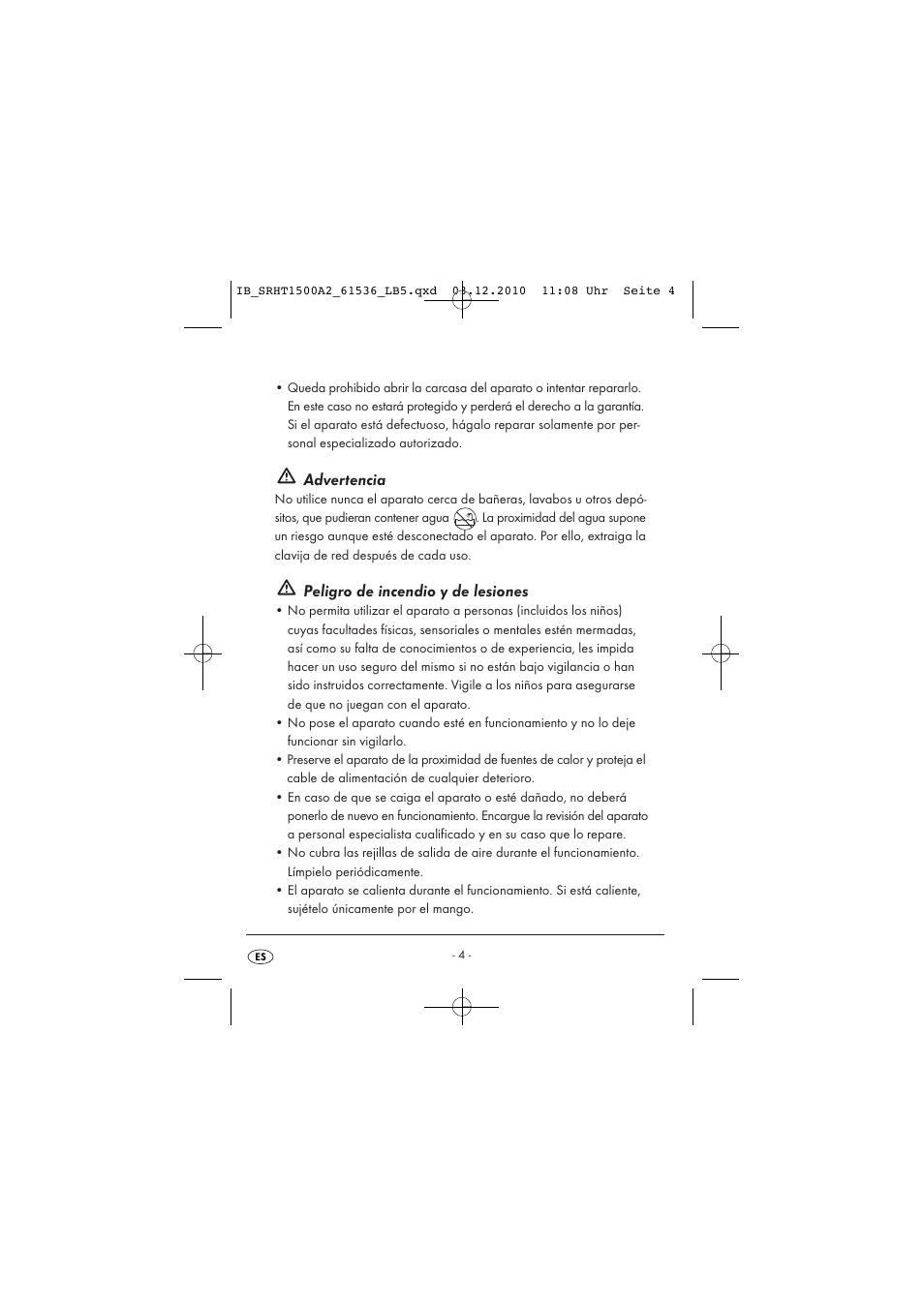 Advertencia, Peligro de incendio y de lesiones | Silvercrest SRHT 1500 A2 User Manual | Page 6 / 62