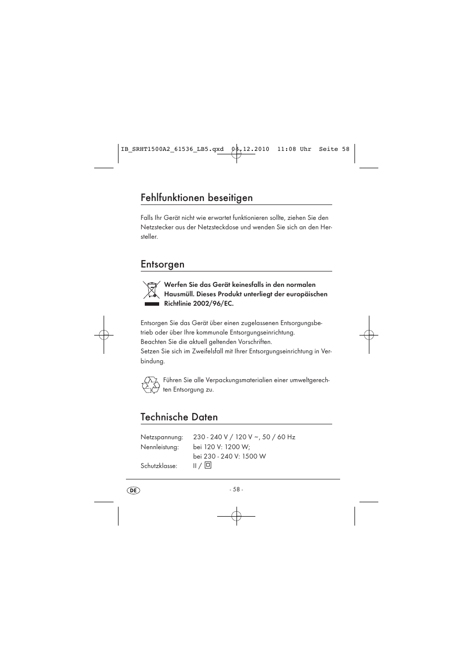 Fehlfunktionen beseitigen, Entsorgen, Technische daten | Silvercrest SRHT 1500 A2 User Manual | Page 60 / 62