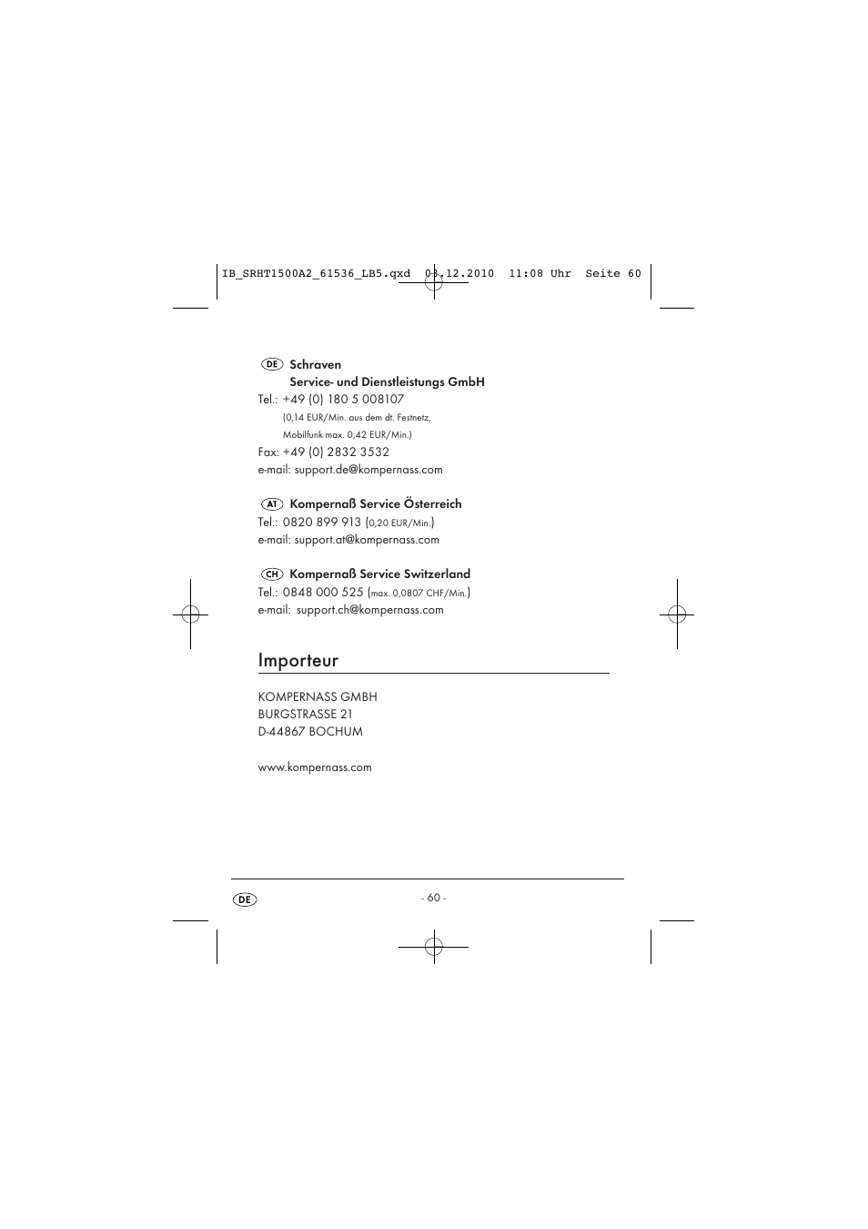 Importeur | Silvercrest SRHT 1500 A2 User Manual | Page 62 / 62