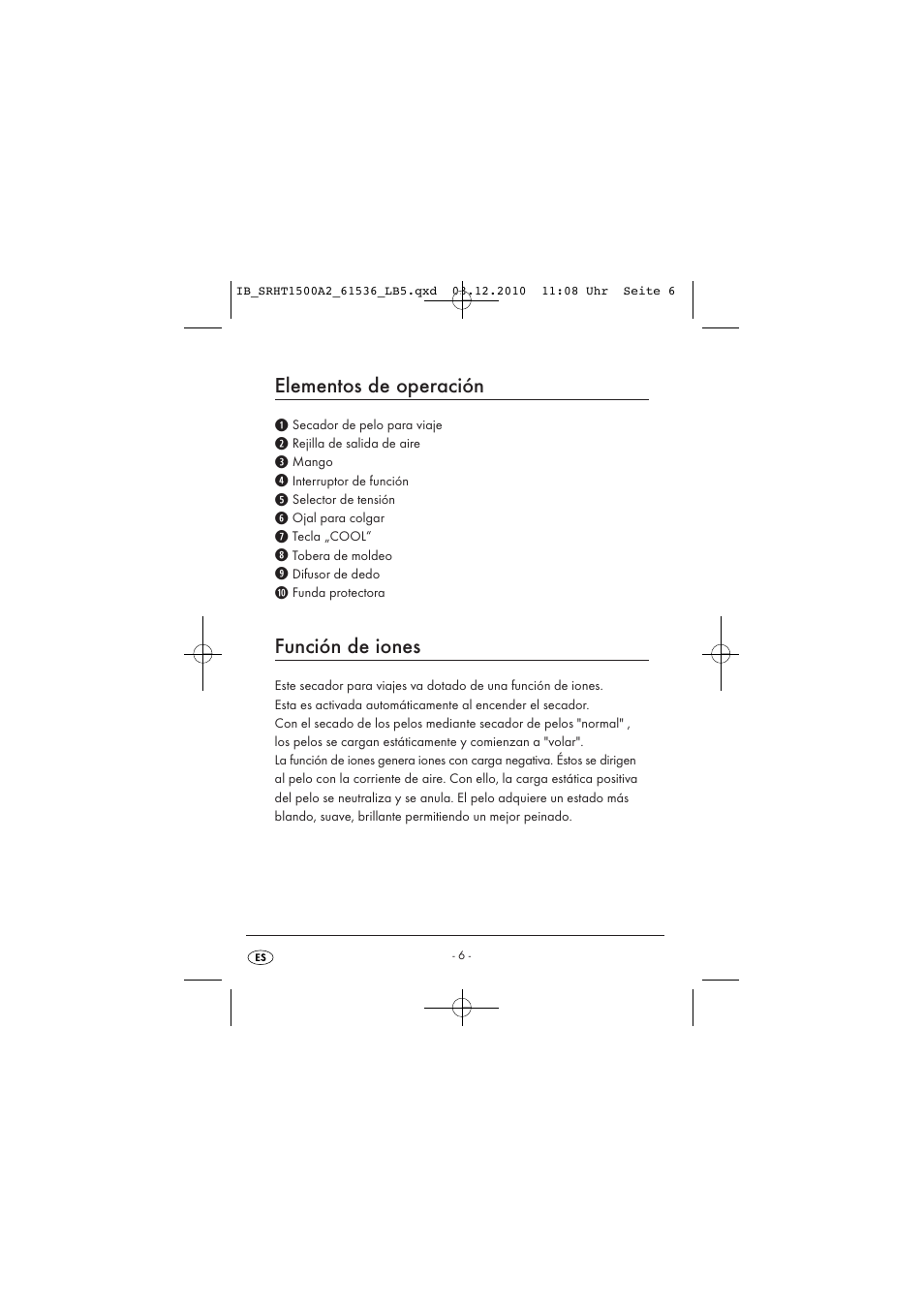 Elementos de operación, Función de iones | Silvercrest SRHT 1500 A2 User Manual | Page 8 / 62