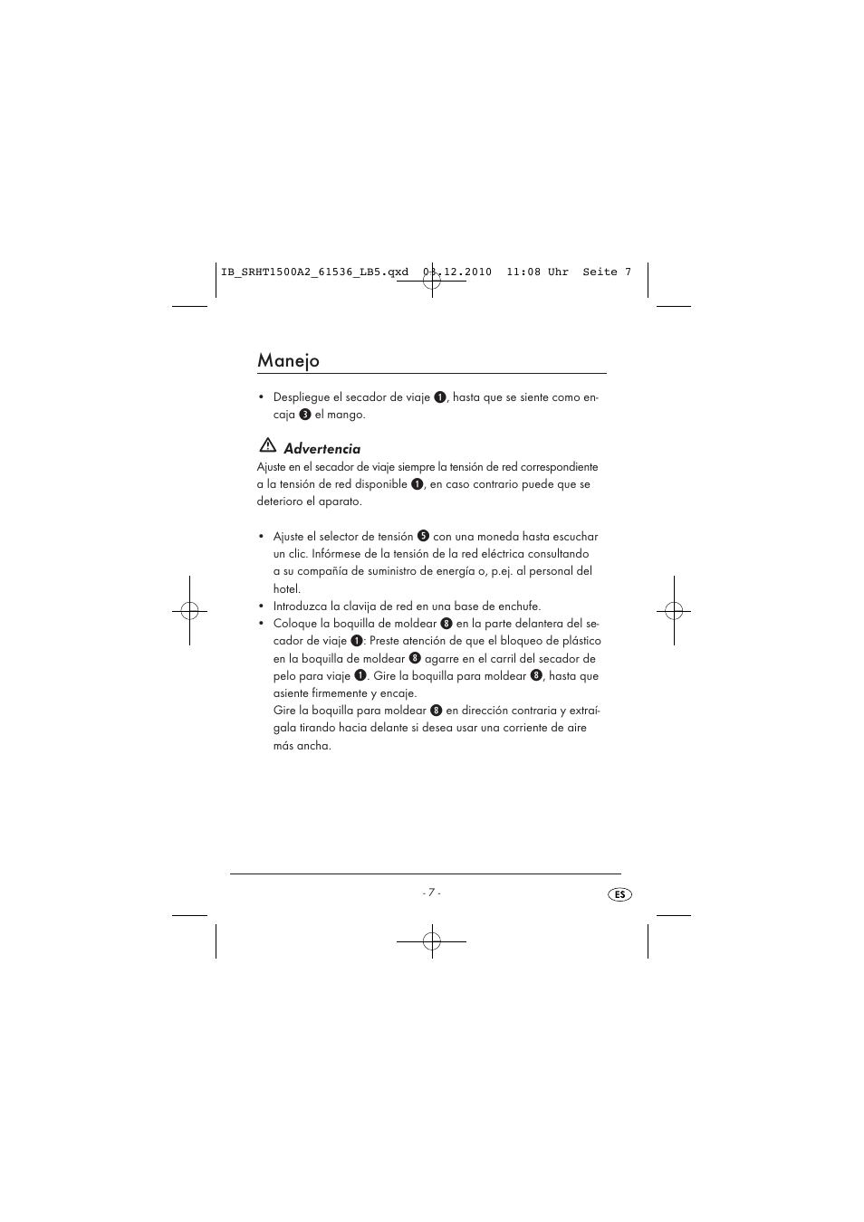 Manejo, Advertencia | Silvercrest SRHT 1500 A2 User Manual | Page 9 / 62