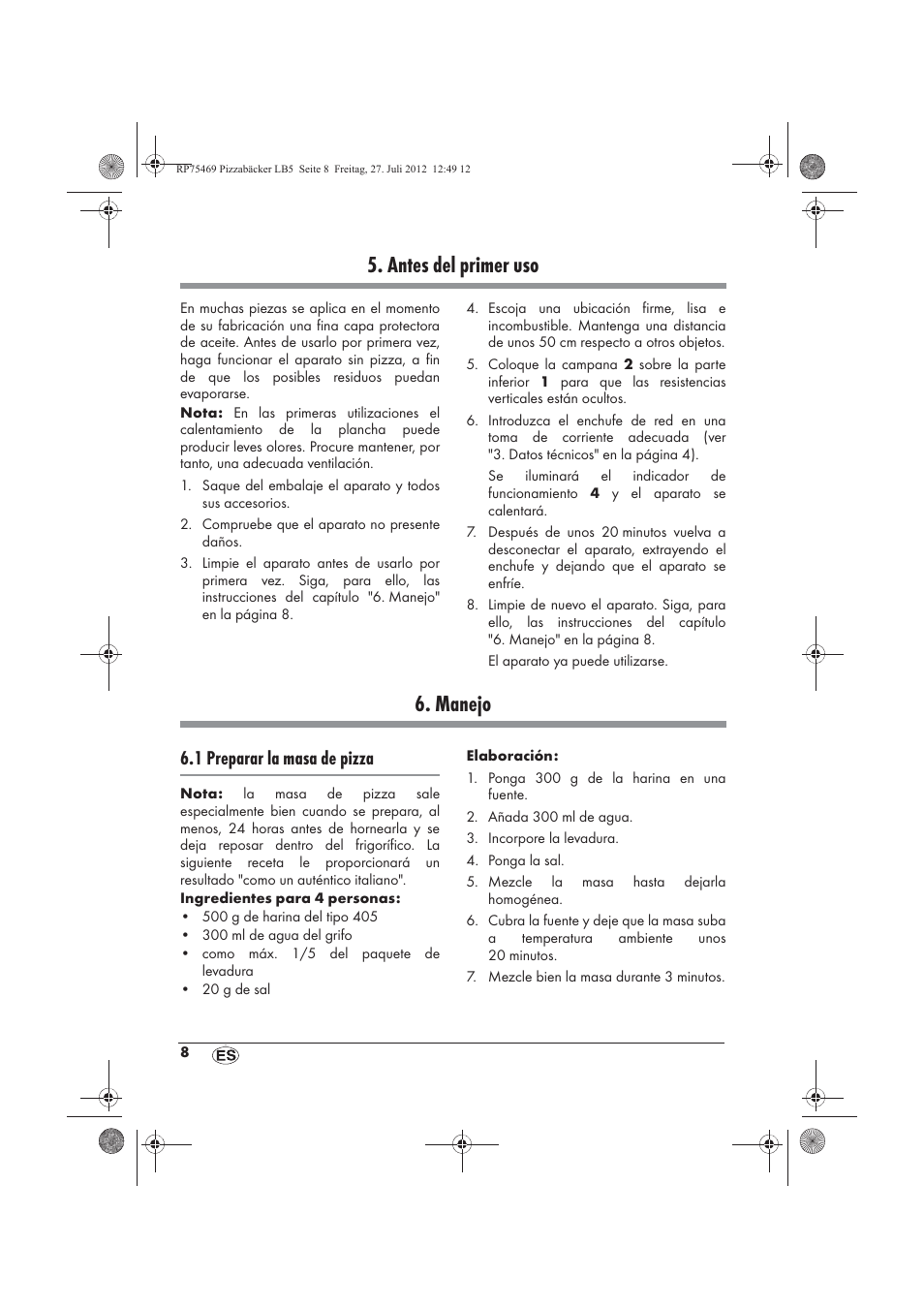 Antes del primer uso, Manejo, 1 preparar la masa de pizza | Silvercrest SPB 800 A1 User Manual | Page 10 / 66