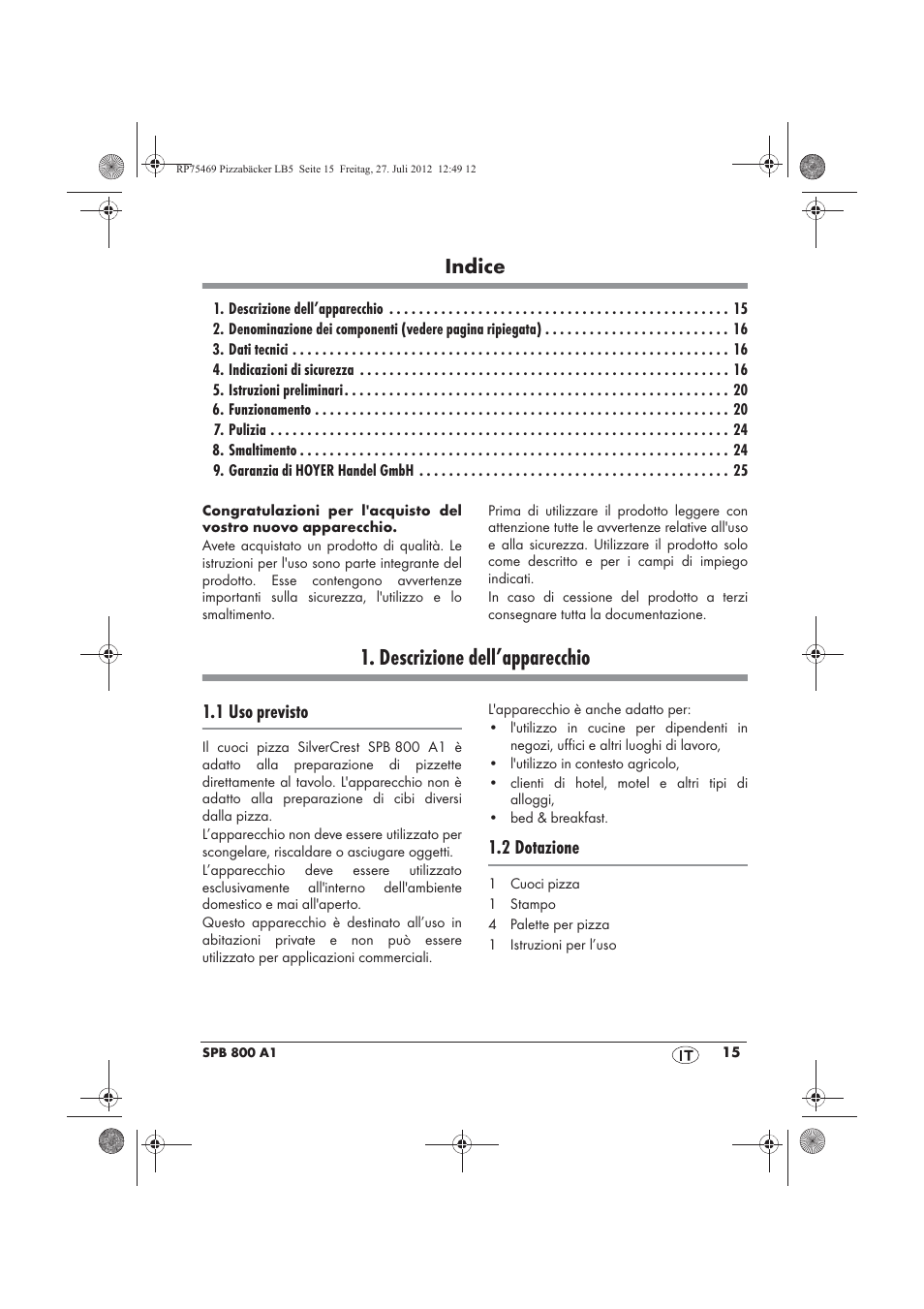 Descrizione dell’apparecchio, Indice, 1 uso previsto | 2 dotazione | Silvercrest SPB 800 A1 User Manual | Page 17 / 66