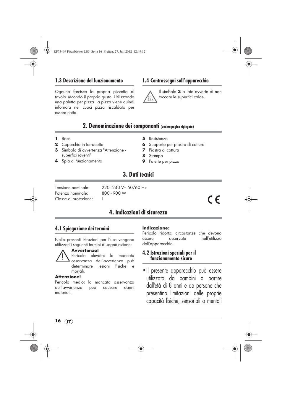 Denominazione dei componenti, Dati tecnici, Indicazioni di sicurezza | Silvercrest SPB 800 A1 User Manual | Page 18 / 66