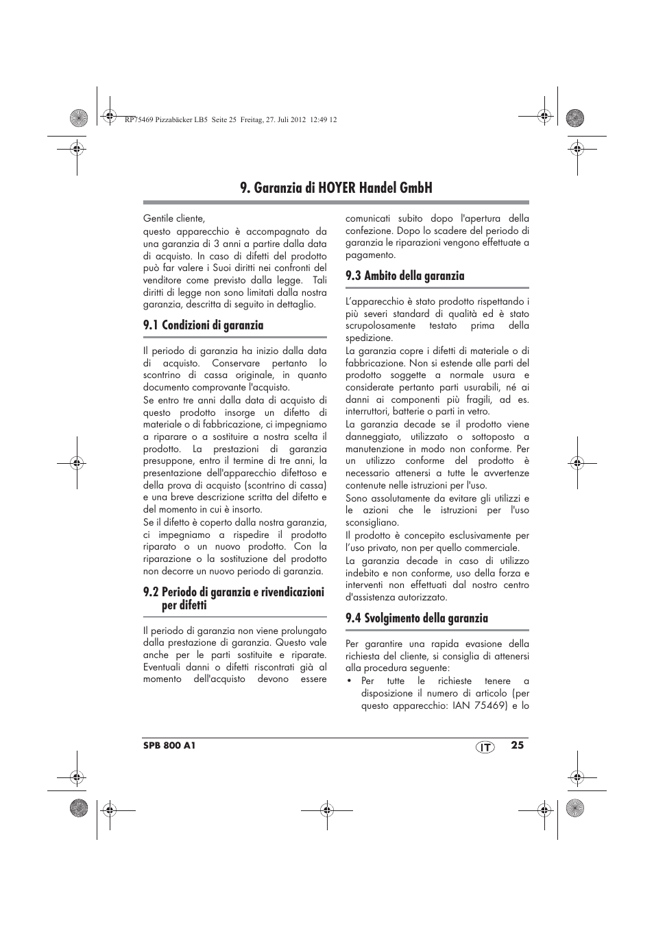 Garanzia di hoyer handel gmbh | Silvercrest SPB 800 A1 User Manual | Page 27 / 66