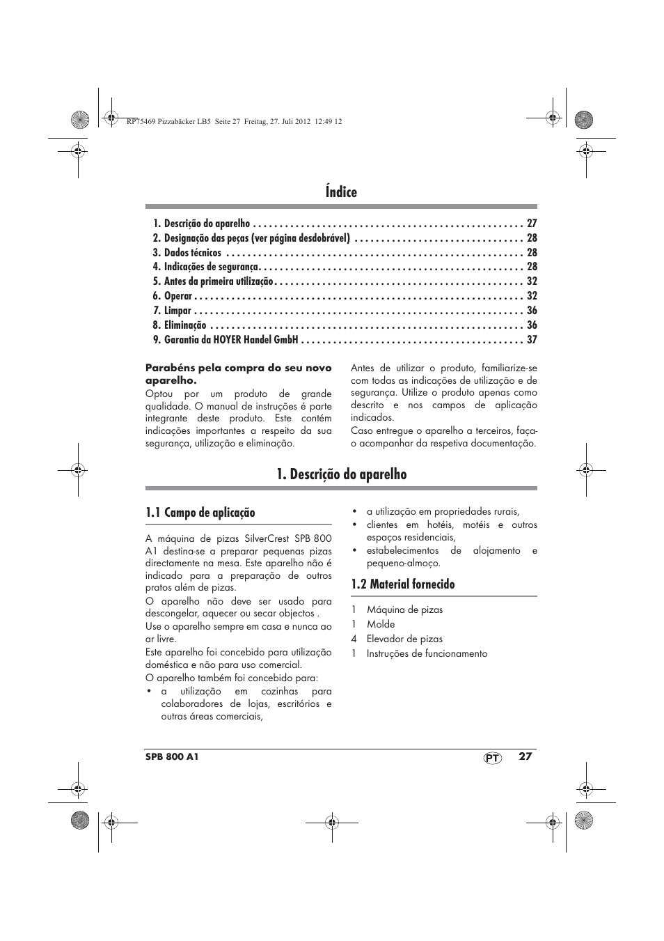 Índice, Descrição do aparelho | Silvercrest SPB 800 A1 User Manual | Page 29 / 66