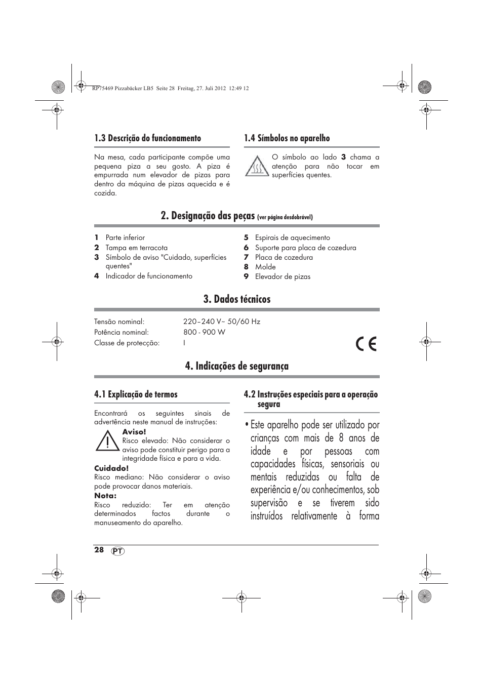 Designação das peças, Dados técnicos, Indicações de segurança | Silvercrest SPB 800 A1 User Manual | Page 30 / 66