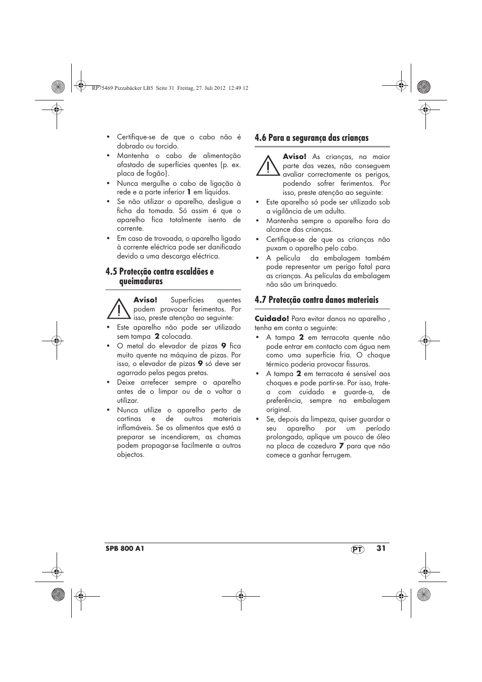 5 protecção contra escaldões e queimaduras, 6 para a segurança das crianças, 7 protecção contra danos materiais | Silvercrest SPB 800 A1 User Manual | Page 33 / 66