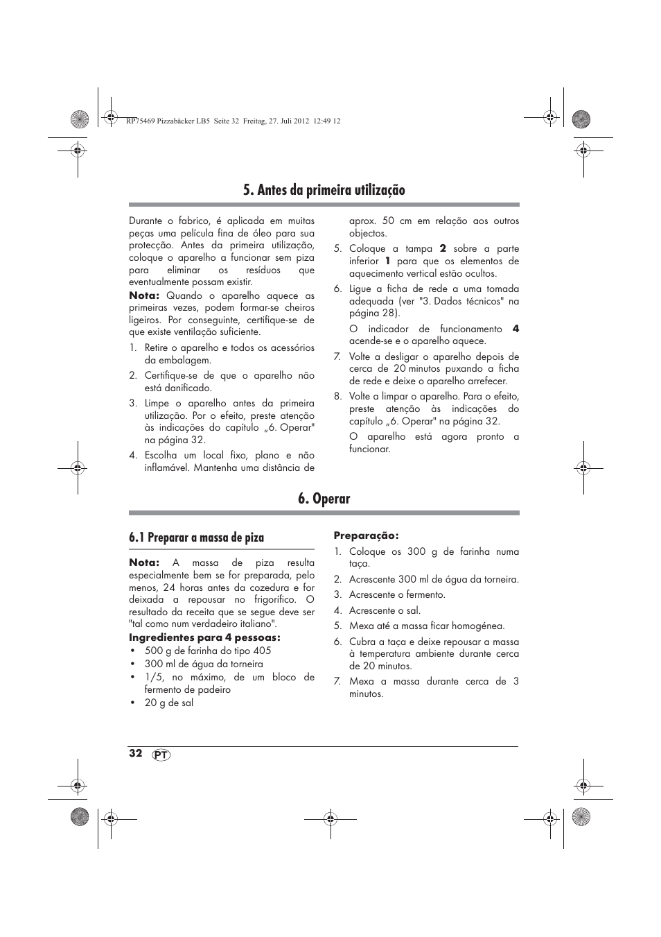 Antes da primeira utilização, Operar, 1 preparar a massa de piza | Silvercrest SPB 800 A1 User Manual | Page 34 / 66