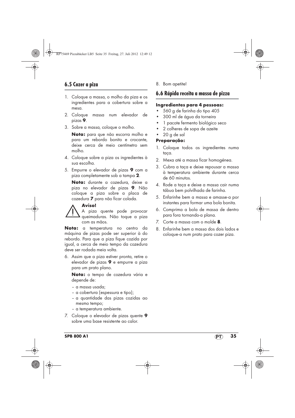 5 cozer a piza, 6 rápida receita a massa de pizza | Silvercrest SPB 800 A1 User Manual | Page 37 / 66