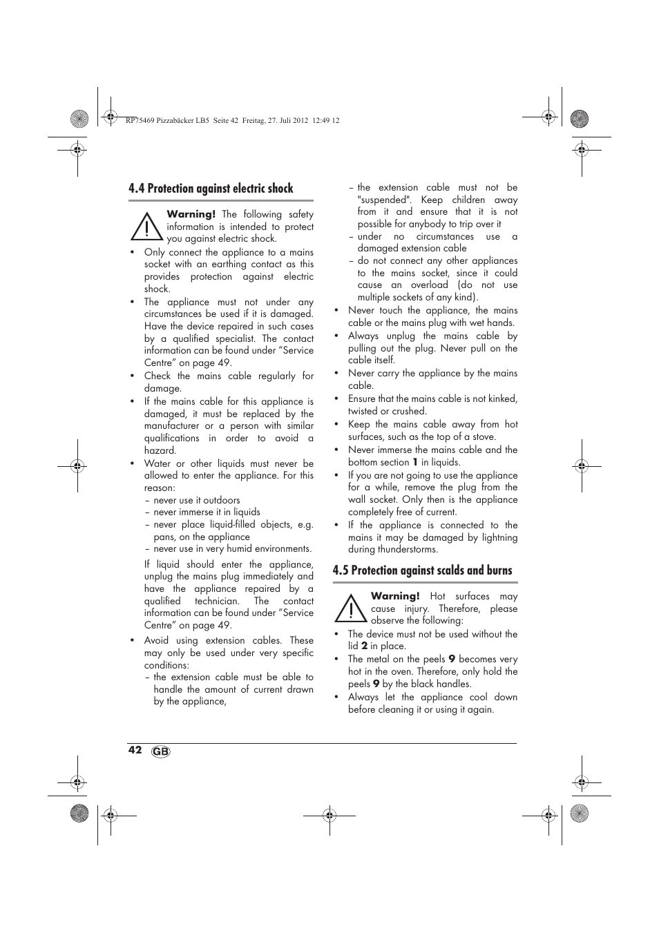 4 protection against electric shock, 5 protection against scalds and burns | Silvercrest SPB 800 A1 User Manual | Page 44 / 66