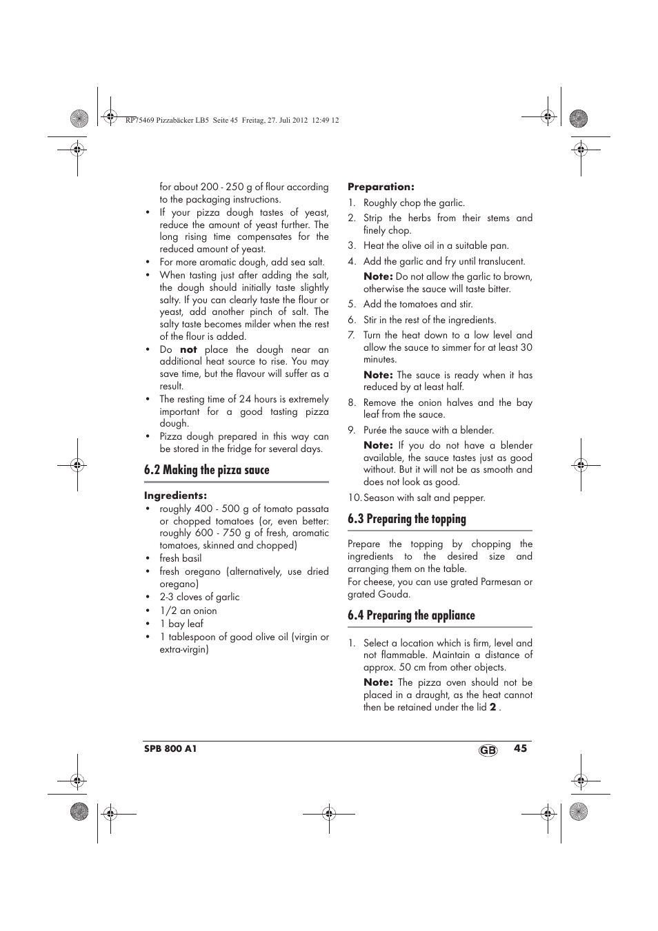 2 making the pizza sauce, 3 preparing the topping, 4 preparing the appliance | Silvercrest SPB 800 A1 User Manual | Page 47 / 66