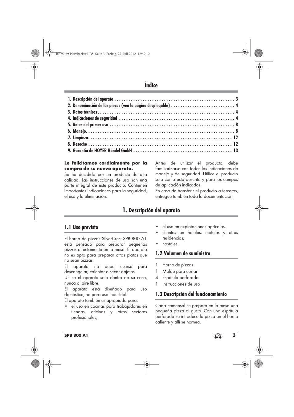 Índice, Descripción del aparato, 1 uso previsto | 2 volumen de suministro, 3 descripción del funcionamiento | Silvercrest SPB 800 A1 User Manual | Page 5 / 66